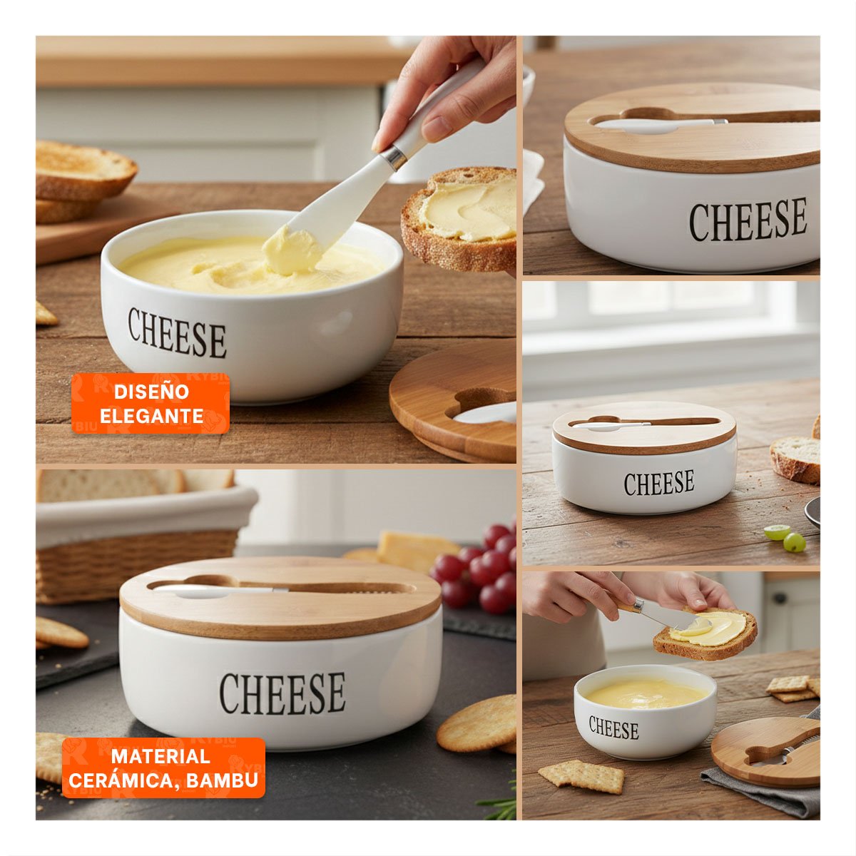 SET DE PORTA QUESO BLANCO CON TAPA BAMBU Y CUCHILLO 16X7,5CM COCINA HOGAR - 2