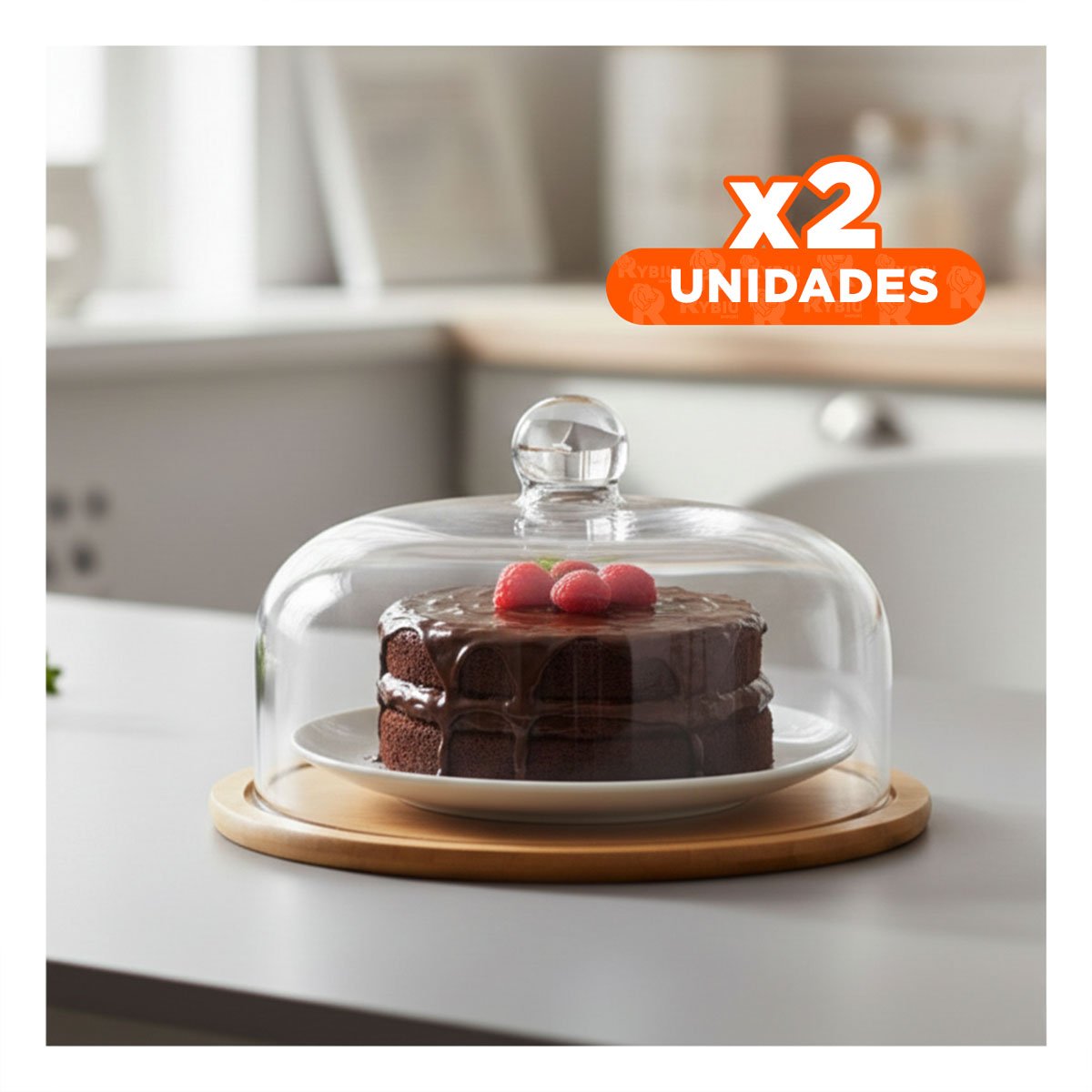 PACK2 EQUIPO DE BASE MADERA CON CUPULA DE VIDRIO TRANSPARENTE BAMBU 32X24CM COCINA HOGAR - 1
