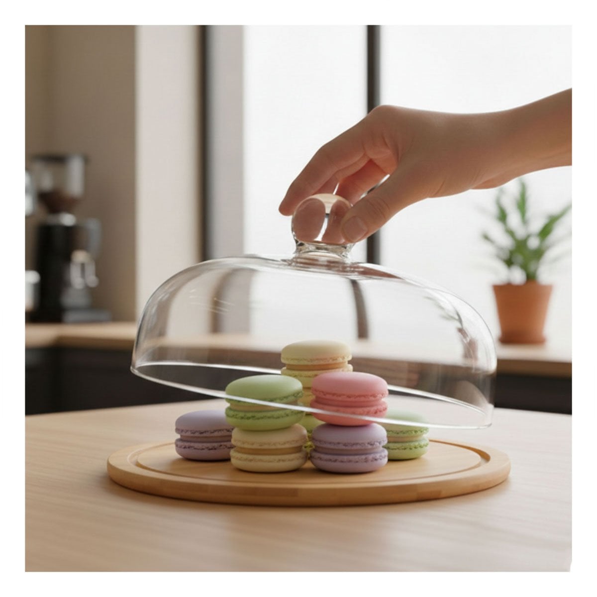SET BASE MADERA CON CUPULA DE VIDRIO TRANSPARENTE BAMBU 32X24CM GUARDAR ALIMENTOS - 1