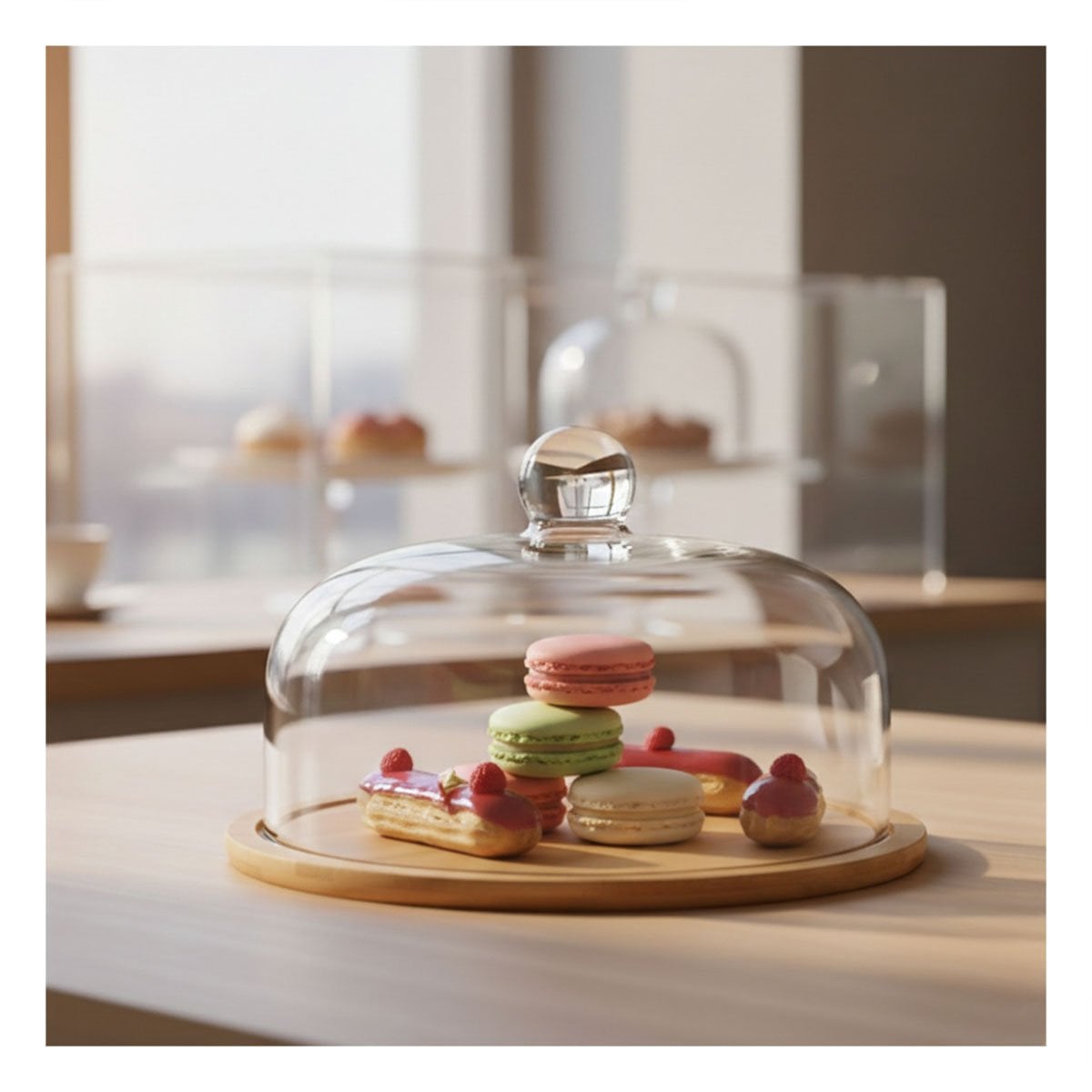 SET BASE MADERA CON CUPULA DE VIDRIO TRANSPARENTE BAMBU 32X24CM GUARDAR ALIMENTOS - 5