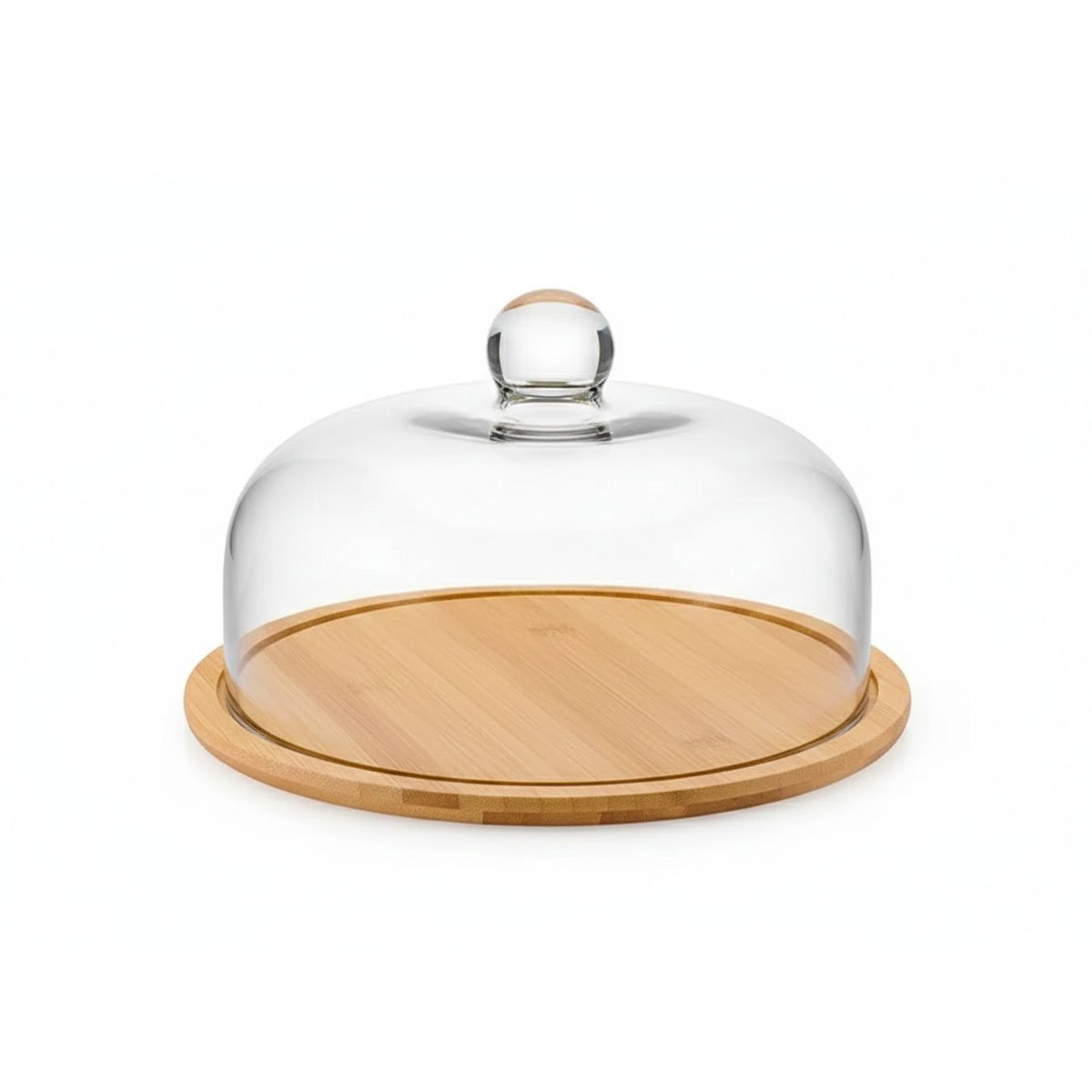 SET DE BASE MADERA Y CUPULA VIDRIO TRANSPARENTE BAMBU 29X20CM ALMACENAJE YREGALO STICKER - 1