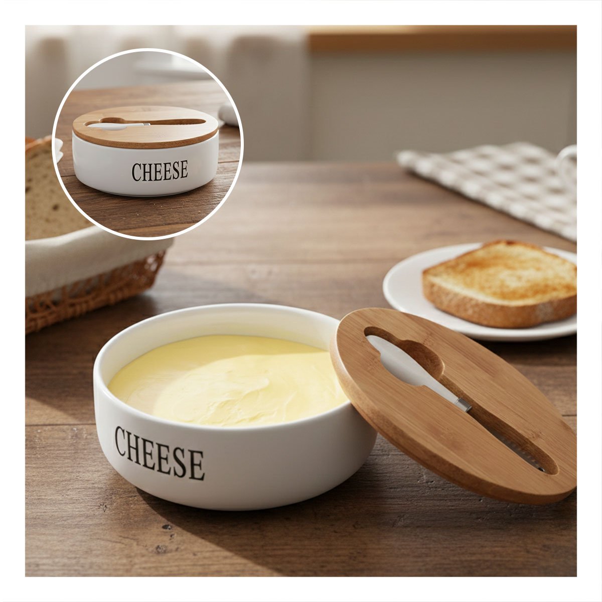 SET BLANCO DE PORTA QUESO CON TAPA BAMBU Y CUCHILLO 16X7,5CM USO DIARIO COCINA YPAPEL REGALO - 2
