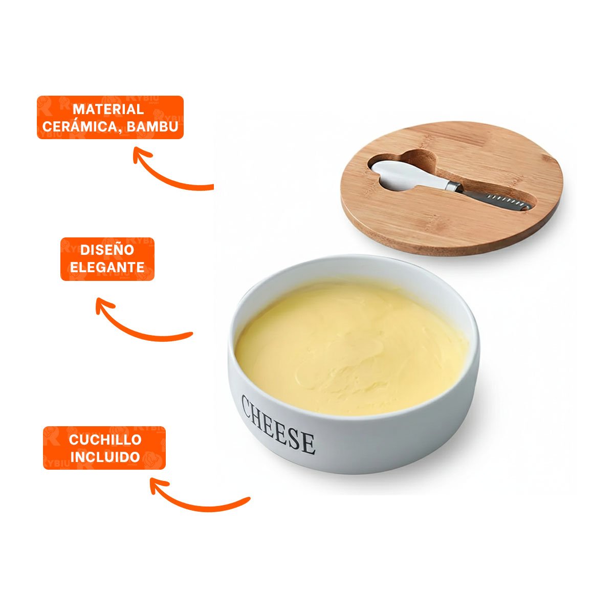 SET BLANCO DE PORTA QUESO CON TAPA BAMBU Y CUCHILLO 16X7,5CM USO DIARIO COCINA YPAPEL REGALO - 5