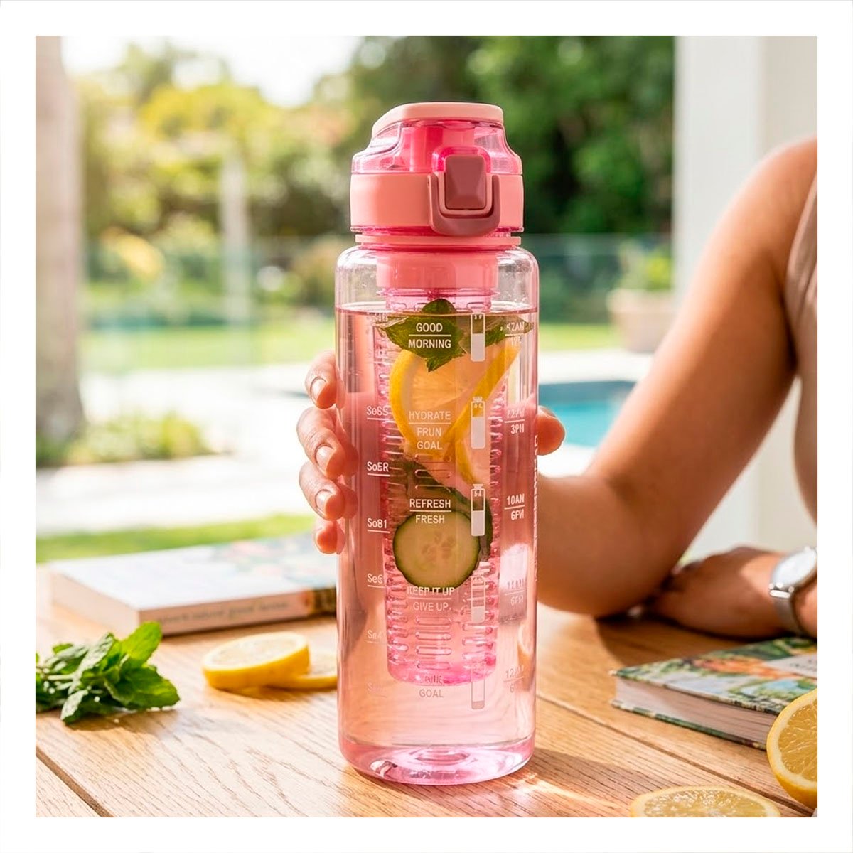 TERMO CON FILTRO 1000 ML ROSADO TRANSPARENTE PARA BEBIDAS EN MOVIMIENTO YREGALO STICKER - 2