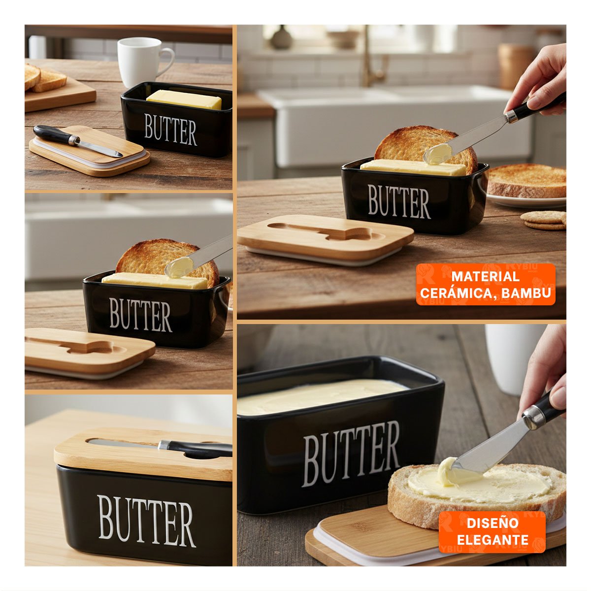 SET BLANCO DE PORTA MANTEQUILLA CON TAPA BAMBU Y CUCHILLO USO DIARIO COCINA YPAPEL REGALO - 3