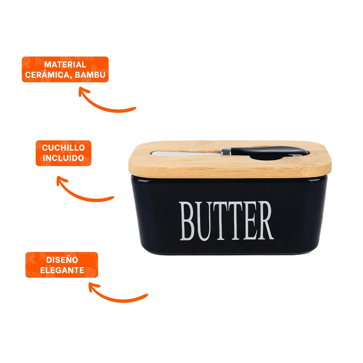 SET BLANCO DE PORTA MANTEQUILLA CON TAPA BAMBU Y CUCHILLO USO DIARIO COCINA YPAPEL REGALO - 5