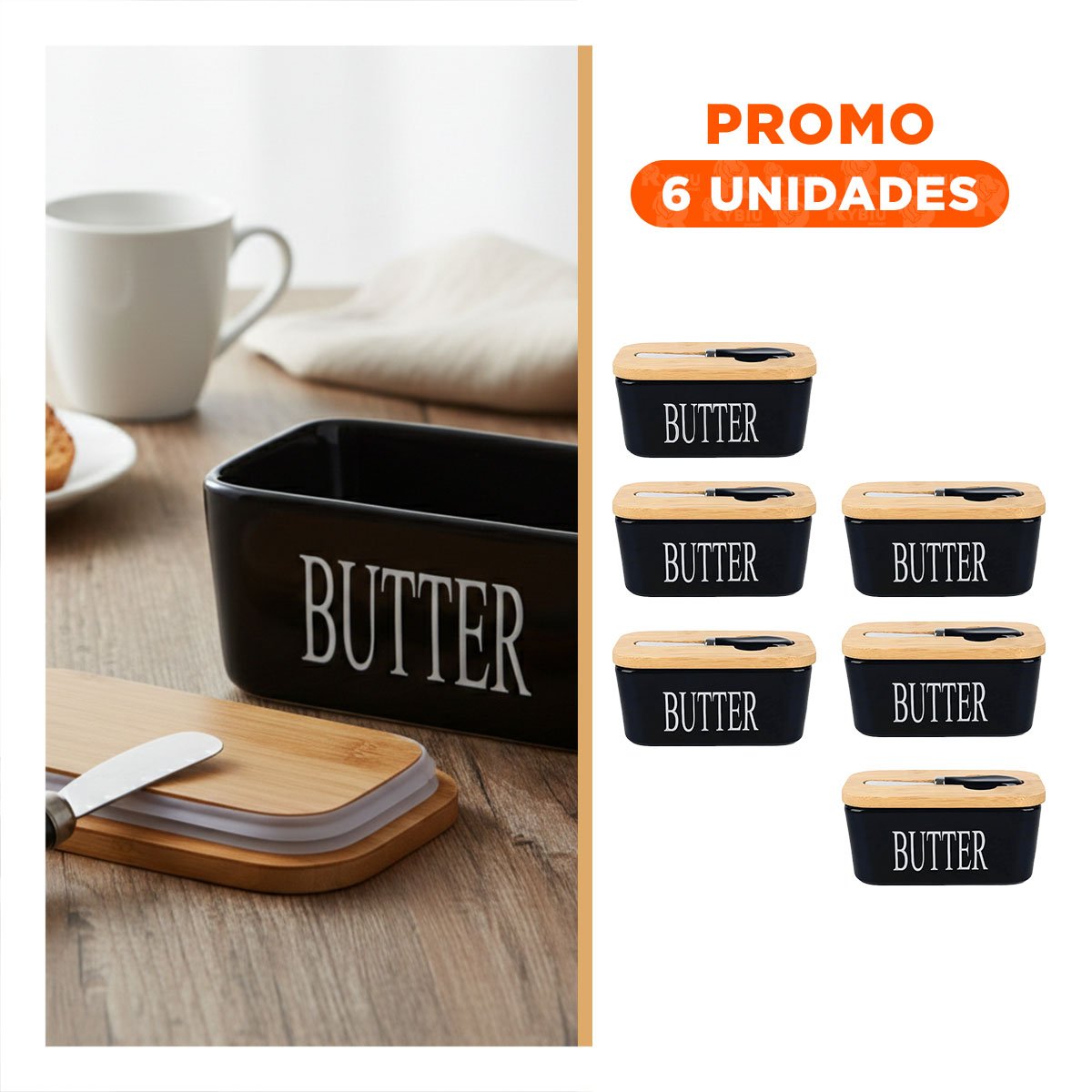 PACK6 EQUIPO BLANCO DE PORTA MANTEQUILLA CON TAPA Y CUCHILLO DE COCINA YREGALO STICKER - 1