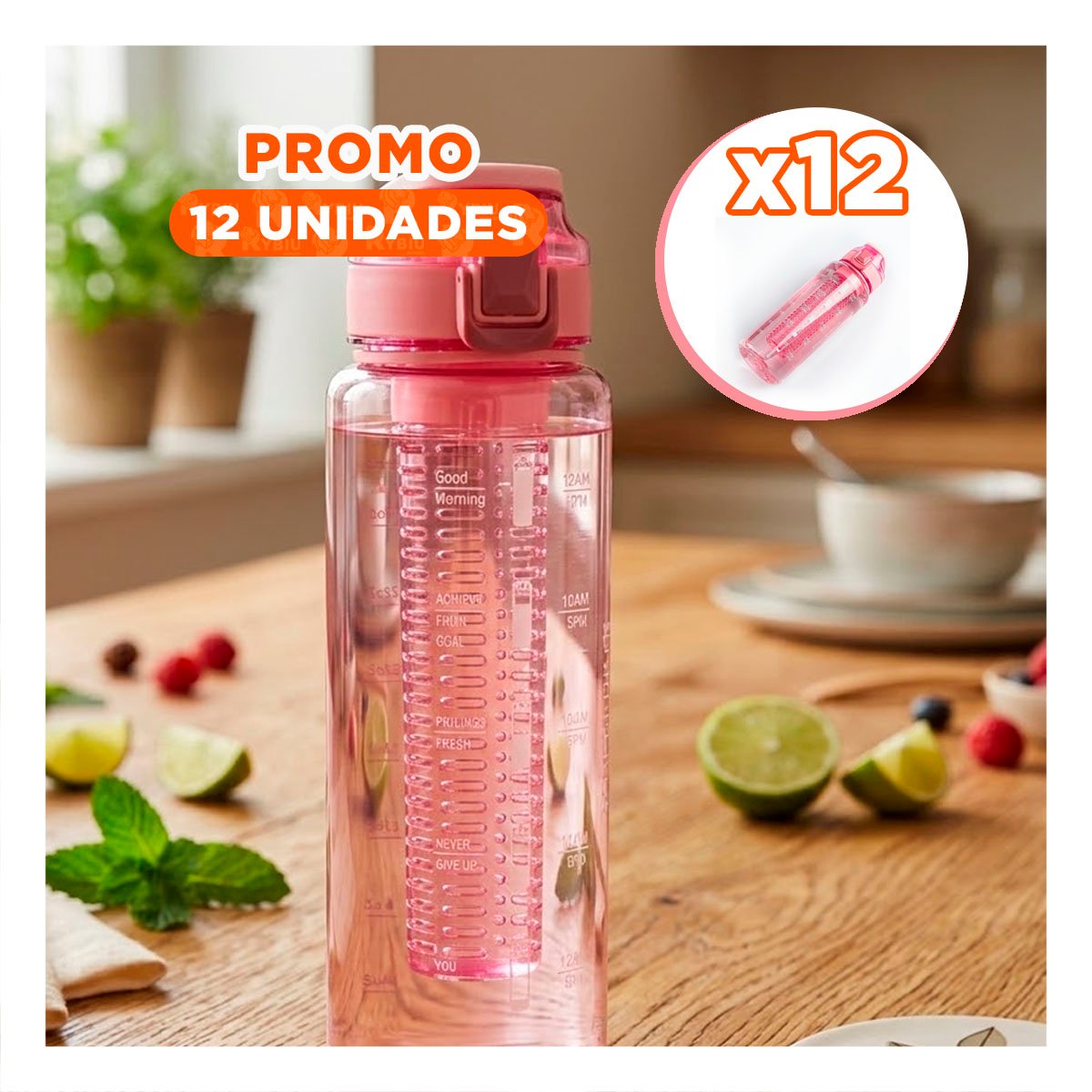 PACK12 CONTENEDOR LIGERO CON FILTRO 1000 ML ROSADO TRANSPARENTE Y TRANSPORTE YREGALO STICKER - 1