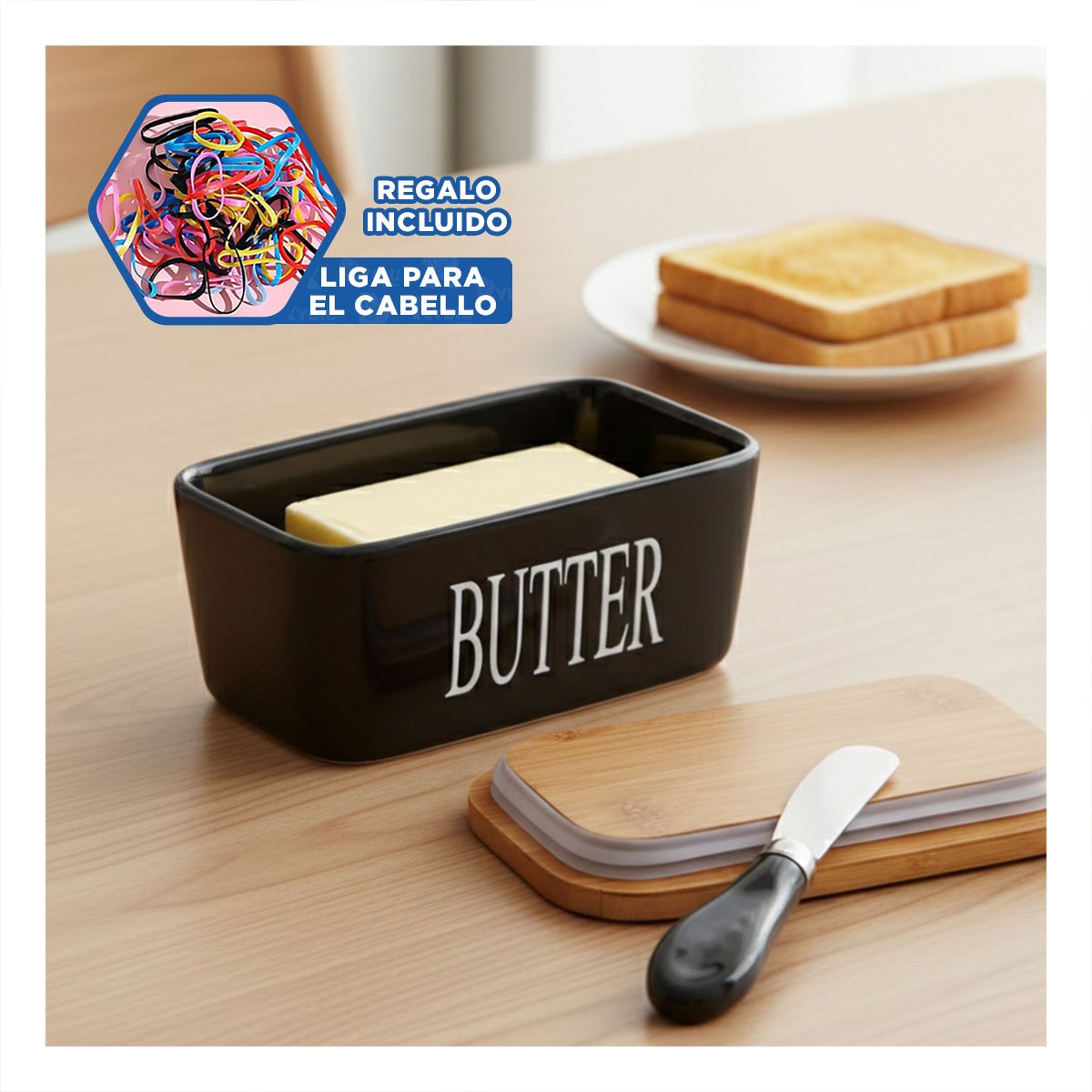 SET BLANCO DE PORTA MANTEQUILLA TAPA BAMBU Y CUCHILLO ORGANIZACIÓN COCINA YLIGAS REGALO - 2