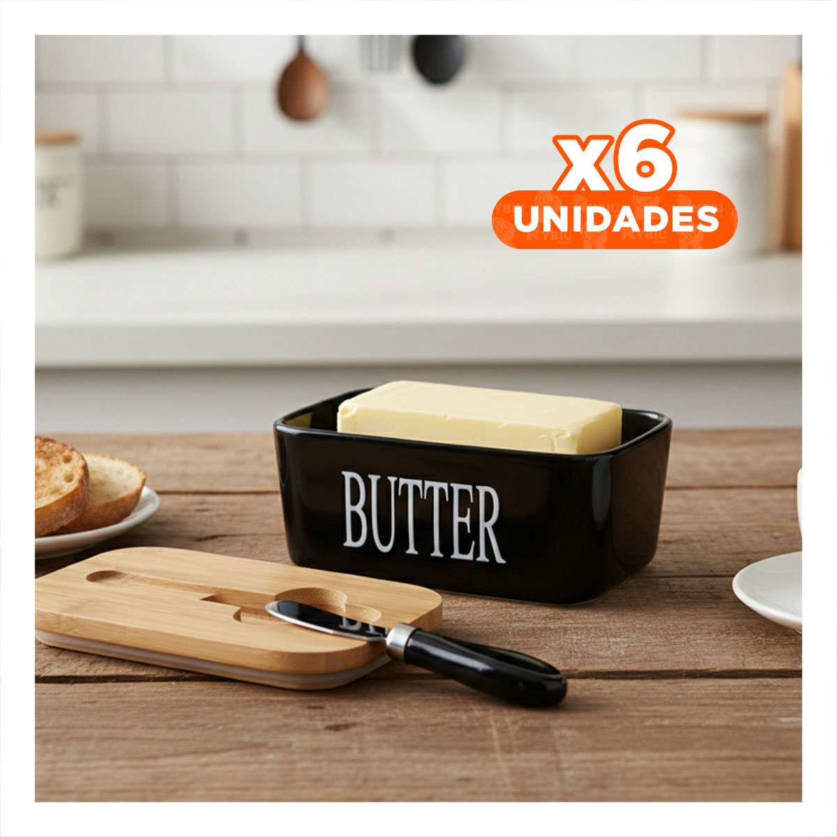 PACK6 PACK DE PORTA MANTEQUILLA BLANCO TAPA BAMBU Y CUCHILLO USO DIARIO COCINA Y HOGAR - 1
