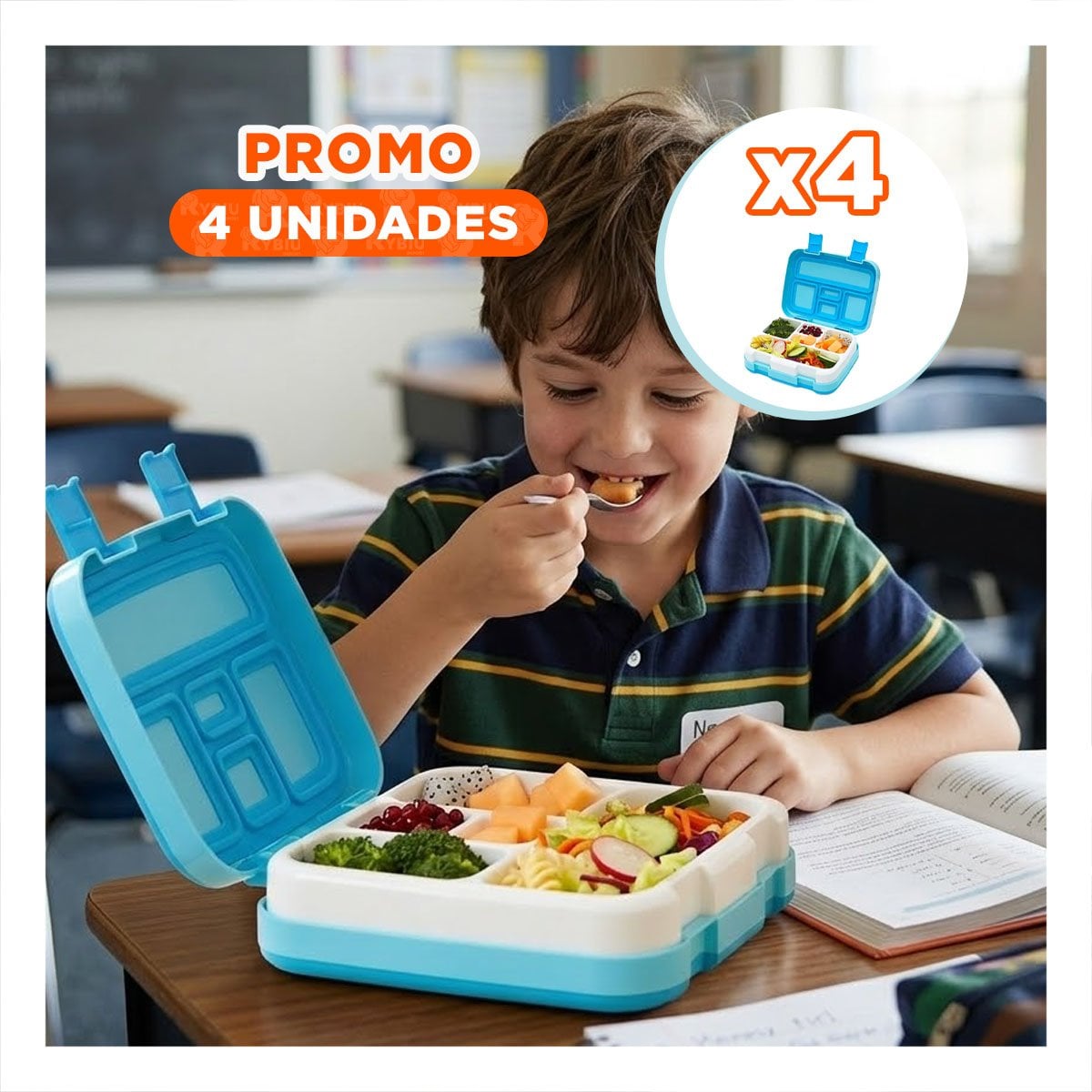 PACK4 LONCHERA MODERNA BENTO 5 DIVISIONES CELESTE PARA USO EN OFICINA YPAPEL REGALO - 1