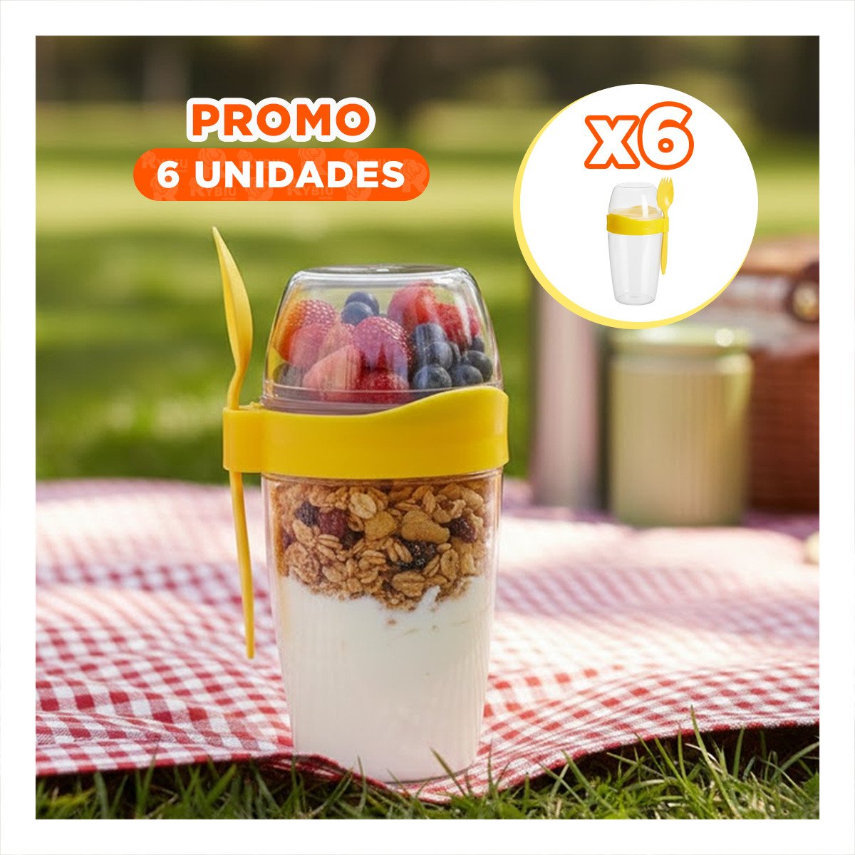 PACK6 CONTENEDOR PARA YOGURT 2 EN 1 CON CUBIERTO GRANDE AMARILLO PARA ALIMENTACION PRACTICA - 1