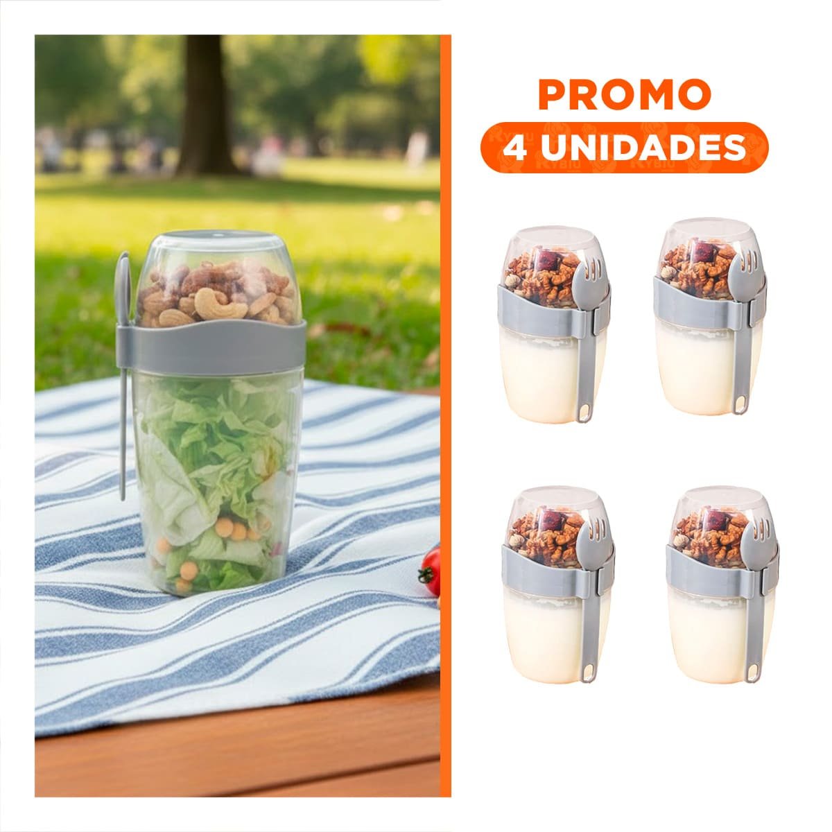 PACK4 VASO YOGURERO PLOMO 2 EN 1 CON CUBIERTO PRACTICO PARA LLEVAR AL TRABAJO - 1