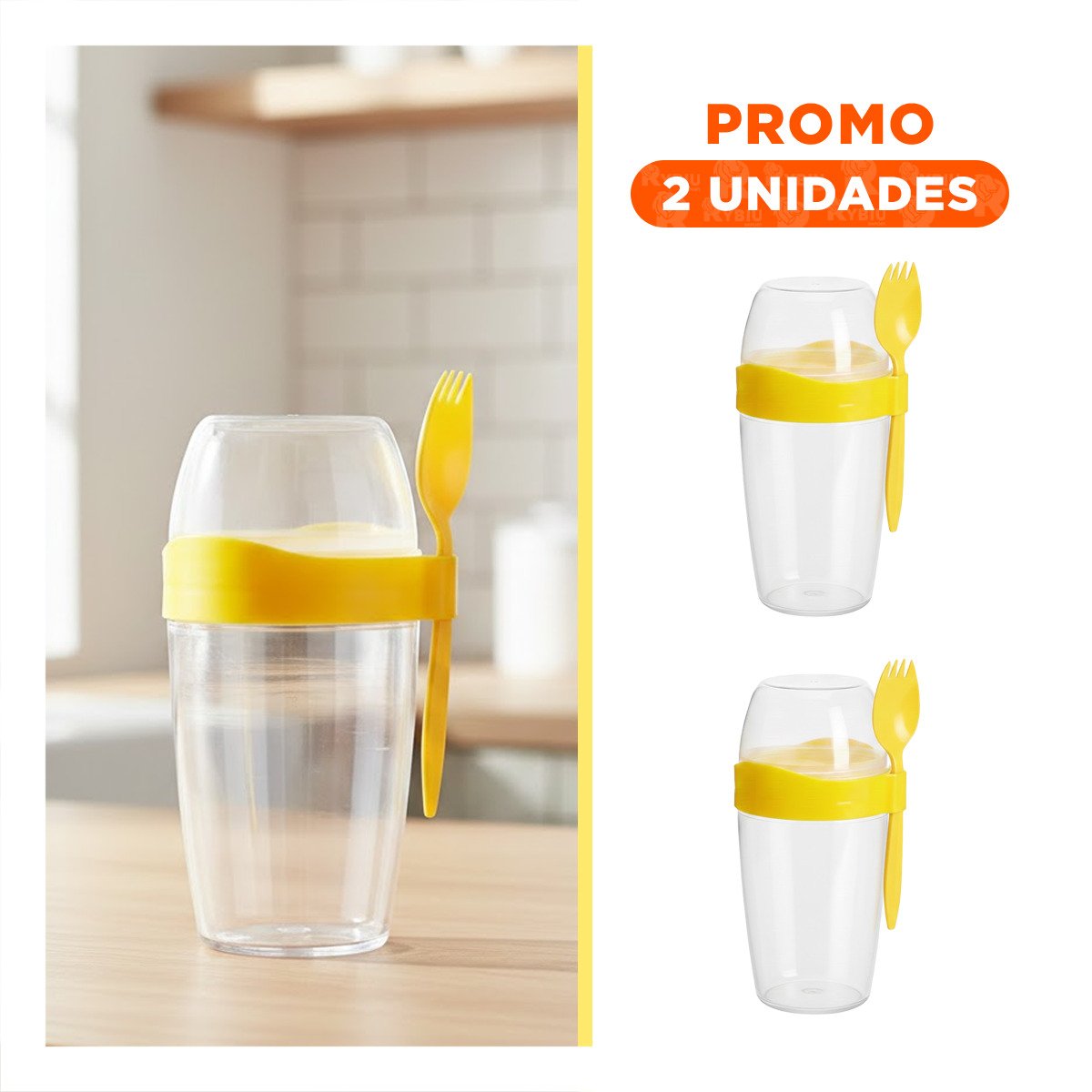 PACK2 RECIPIENTE YOGURERO GRANDE AMARILLO 2 EN 1 CON CUBIERTO PARA FRUTA YREGALO STICKER - 1