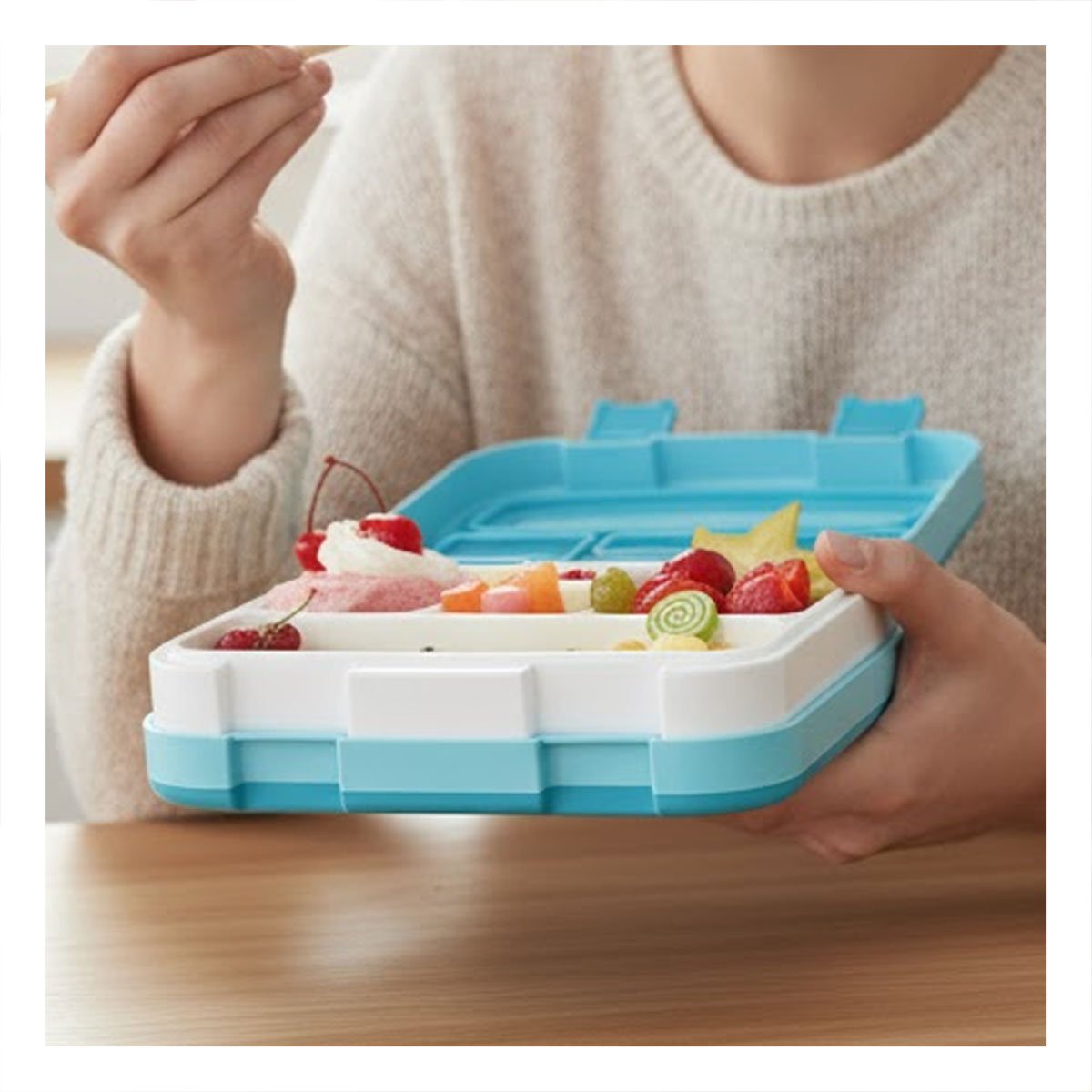 PACK2 LONCHERA BENTO 5 DIVISIONES CELESTE PARA ALMUERZO DIARIO EN TRABAJO - 3