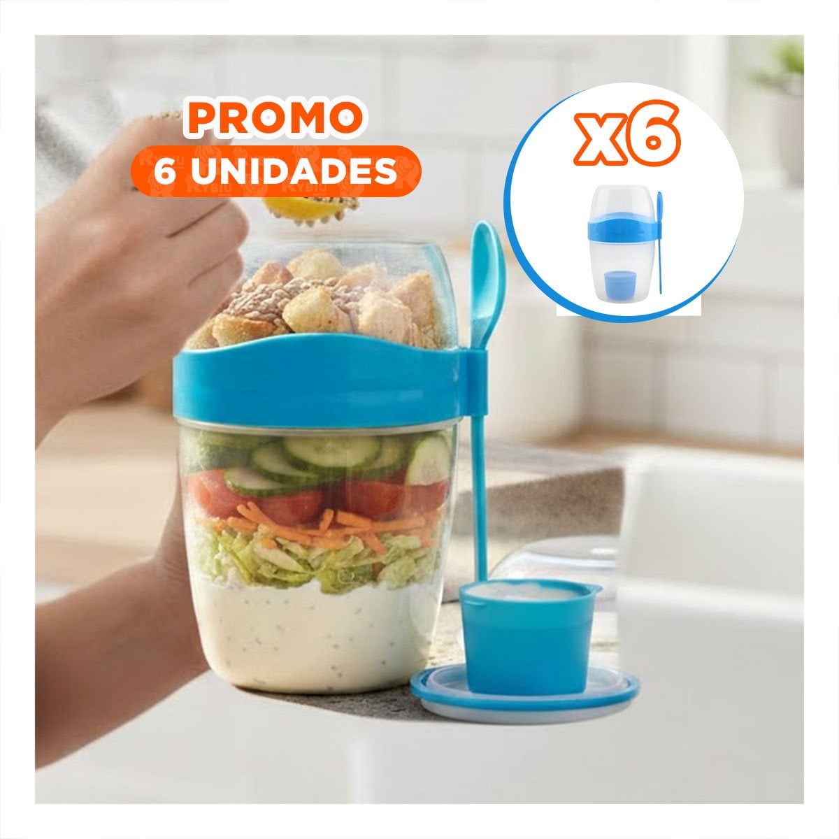 PACK6 CONTENEDOR YOGURERO AZUL CON CUCHARA INTEGRADA FACIL DE TRANSPORTAR YPAPEL REGALO - 1