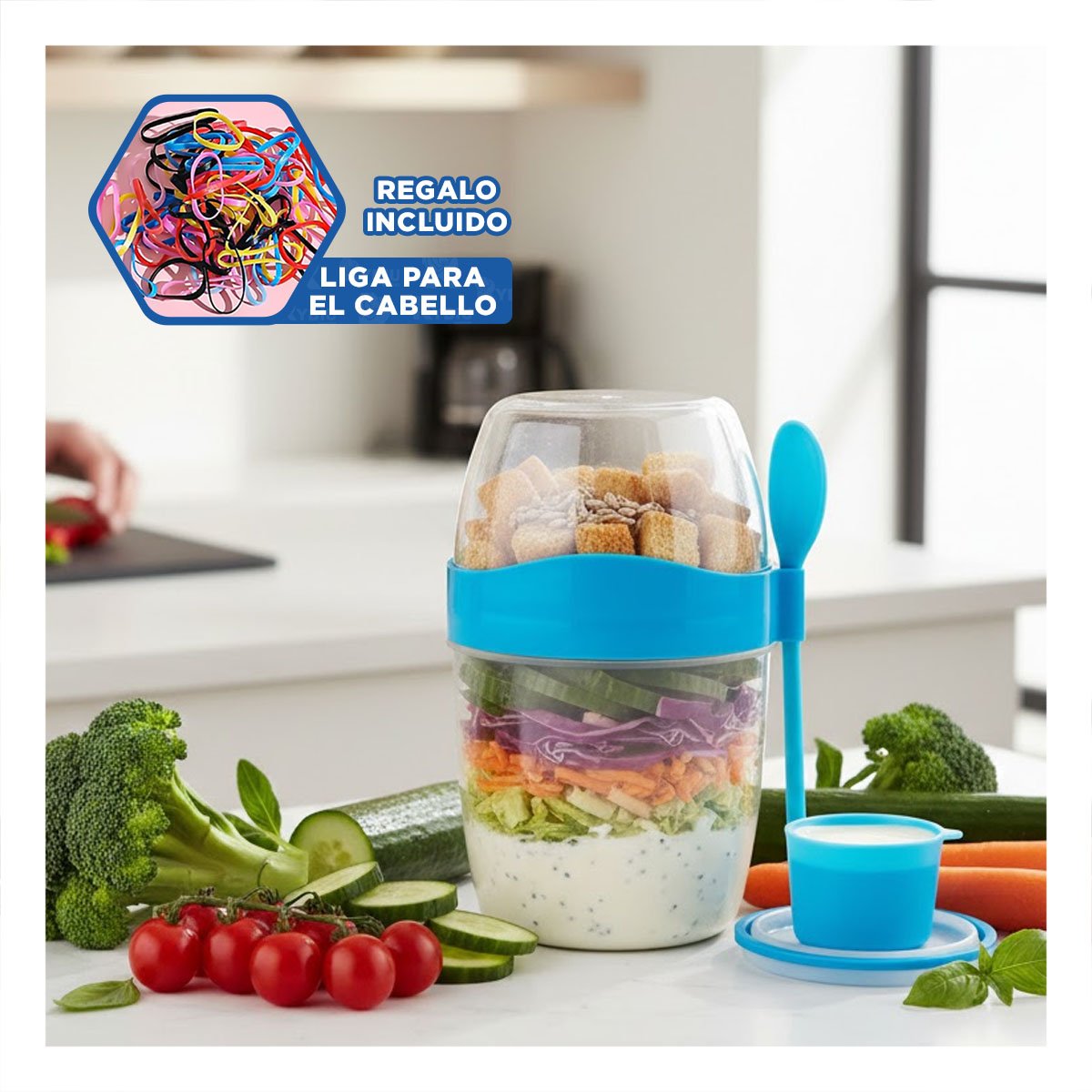 TAZA YOGURERA 2 EN 1 AZUL CON COMPARTIMENTO PARA FRUTA Y GRANOLA YLIGAS REGALO - 2