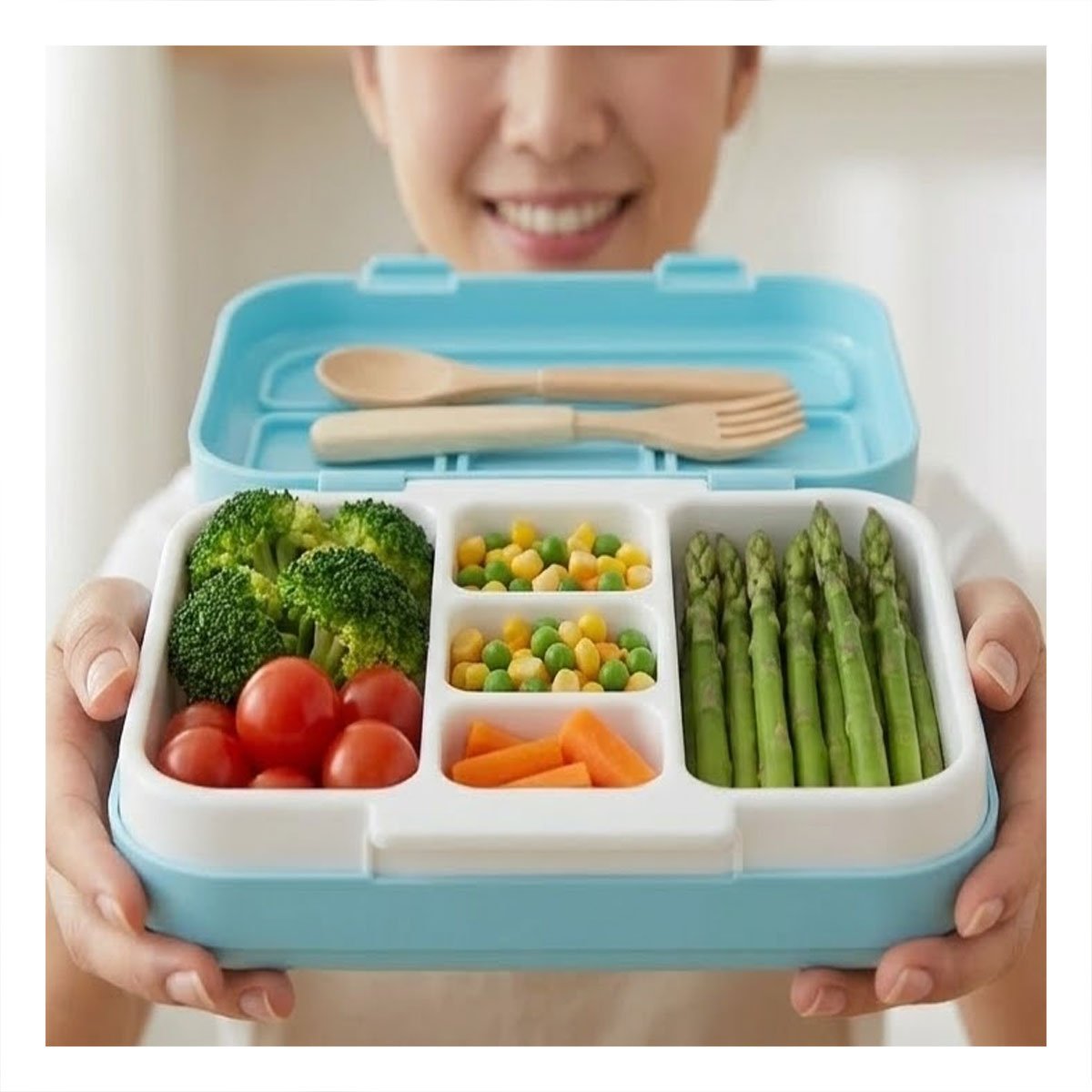 TAPER PORTATIL BENTO 5 DIVISIONES CELESTE PARA LLEVAR ALMUERZO AL TRABAJO YREGALO STICKER - 3