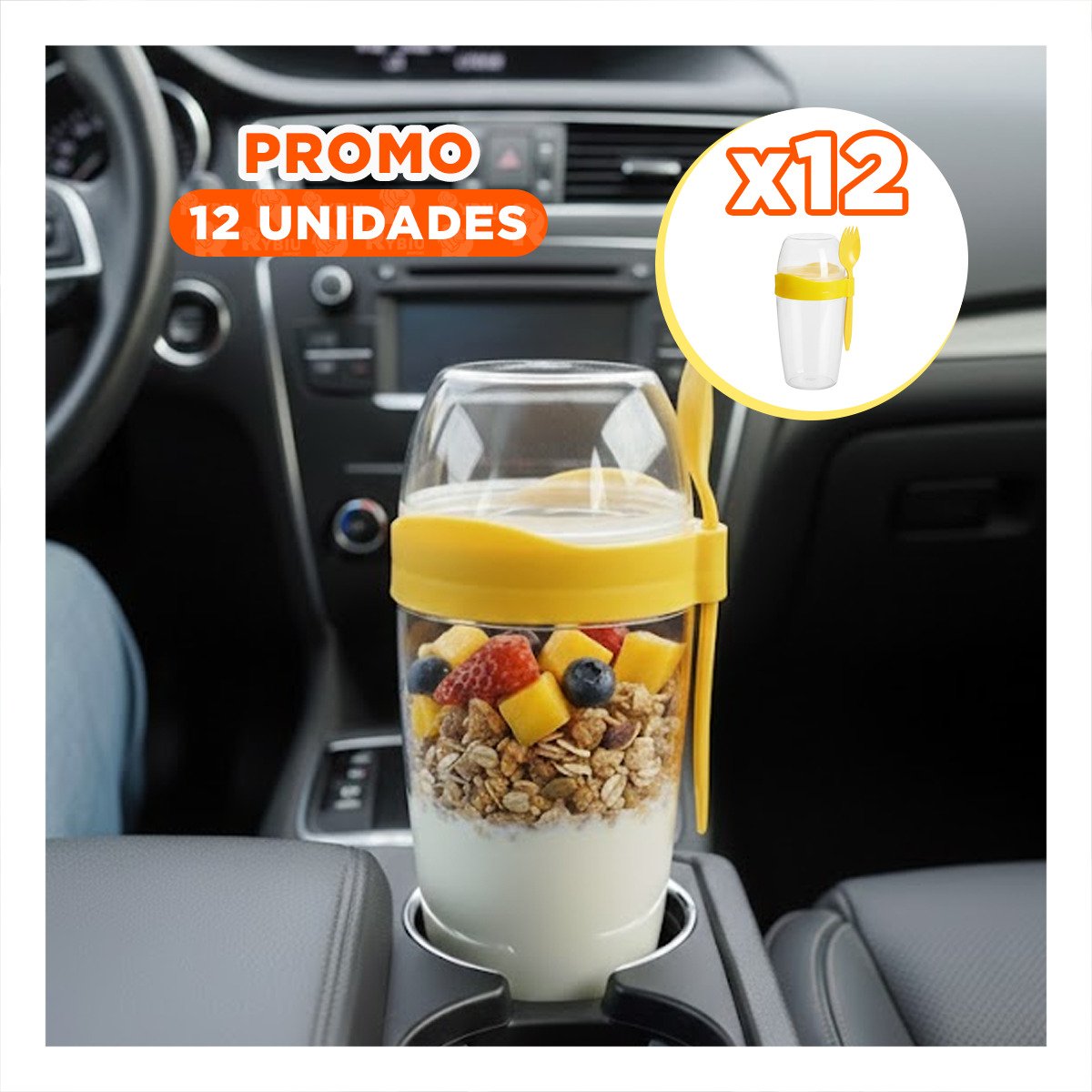 PACK12 VASO YOGURERO 2 EN 1 CON CUBIERTO GRANDE AMARILLO PARA TRANSPORTE DIARIO YPAPEL REGALO - 1