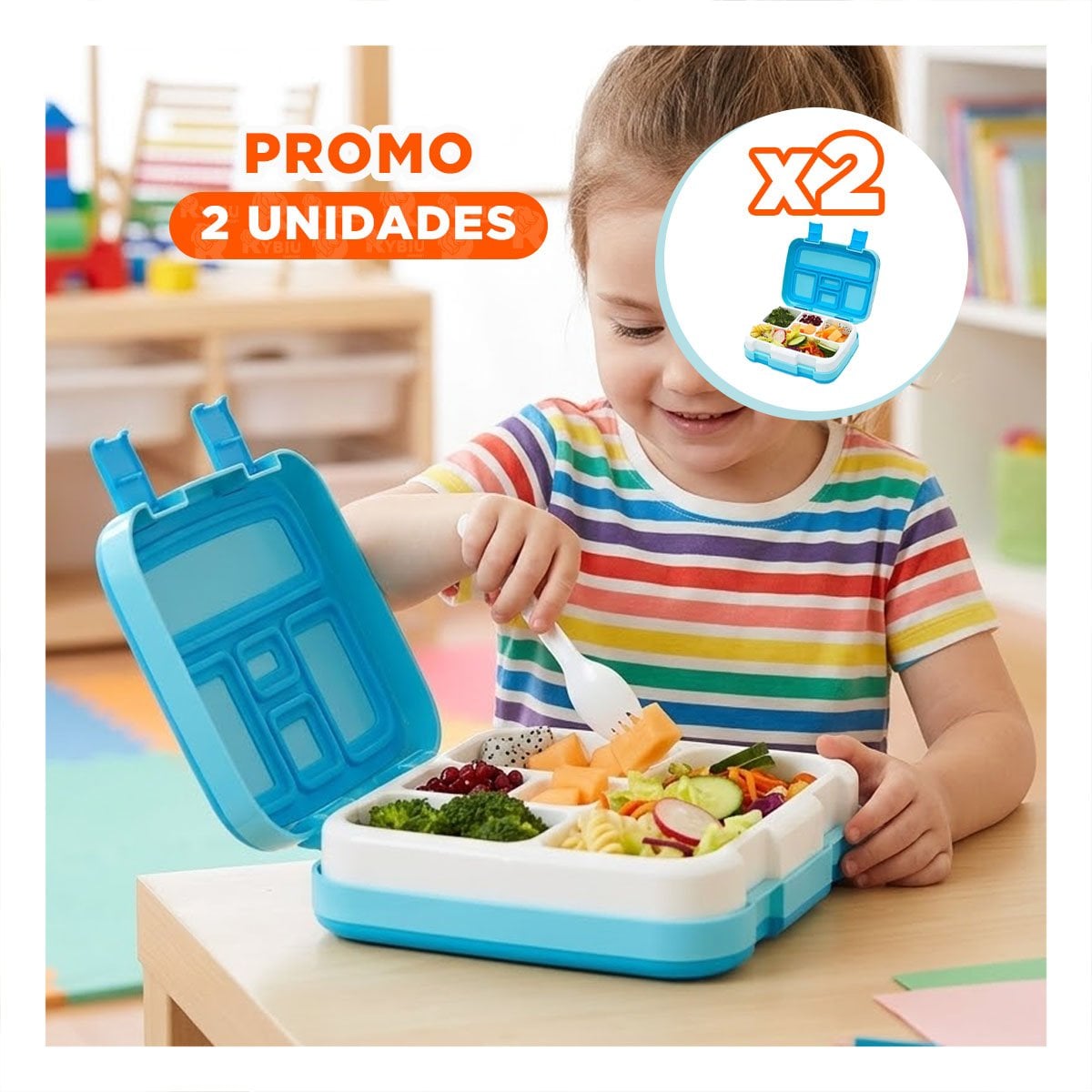 PACK2 LONCHERA PRACTICA BENTO 5 DIVISIONES CELESTE PARA LLEVAR COMIDA YPAPEL REGALO - 1