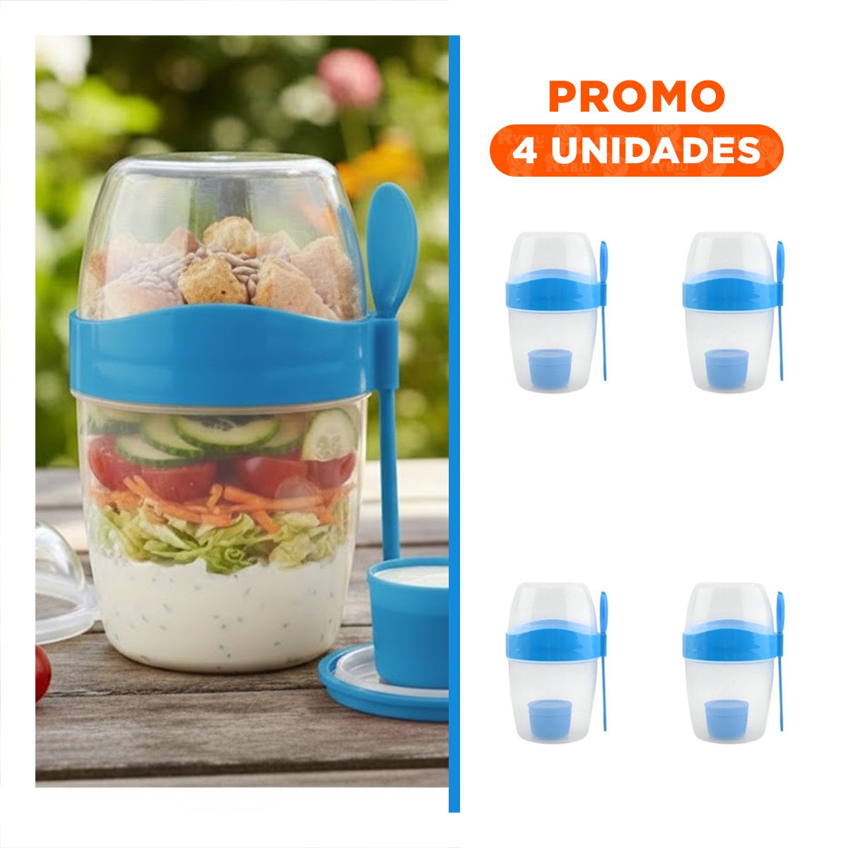 PACK4 VASO YOGURERO AZUL 2 EN 1 CON CUBIERTO PRACTICO PARA LLEVAR AL TRABAJO - 1
