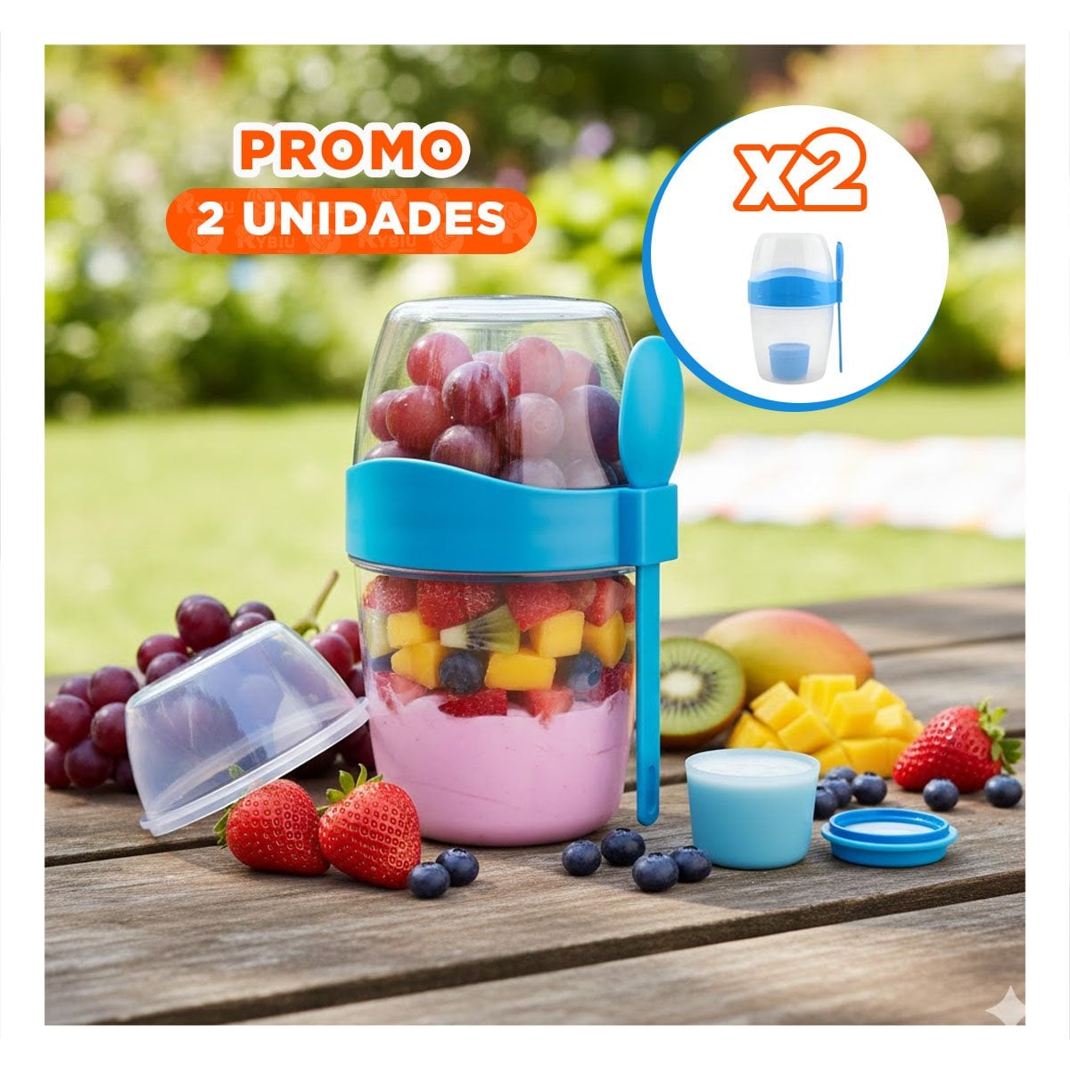 PACK2 VASO YOGURERO AZUL CON CUBIERTO PORTATIL PARA DESAYUNO SALUDABLE - 1