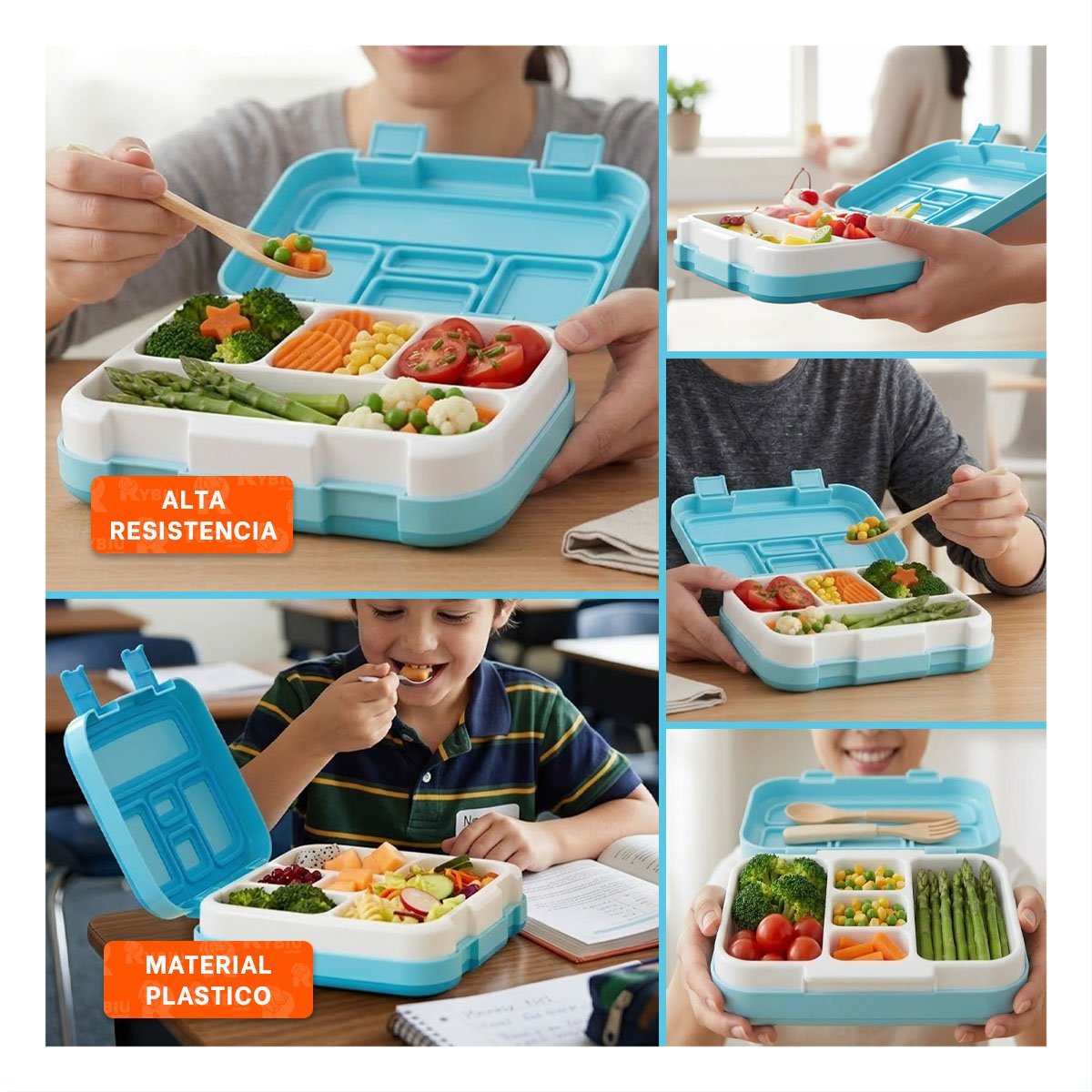 TAPER BENTO 5 DIVISIONES CELESTE PARA ALMUERZO DIARIO EN HOGAR Y OFICINA - 2