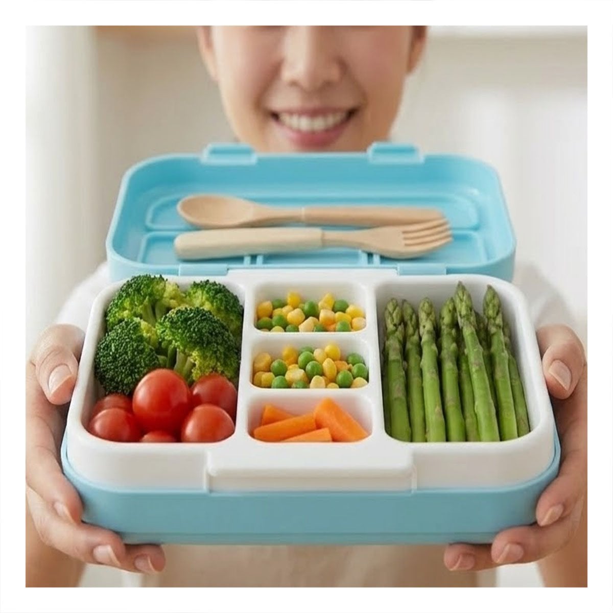 TAPER ESCOLAR BENTO 5 DIVISIONES CELESTE PARA LONCHERA DE NINOS Y JOVENES YSTICKY - 1