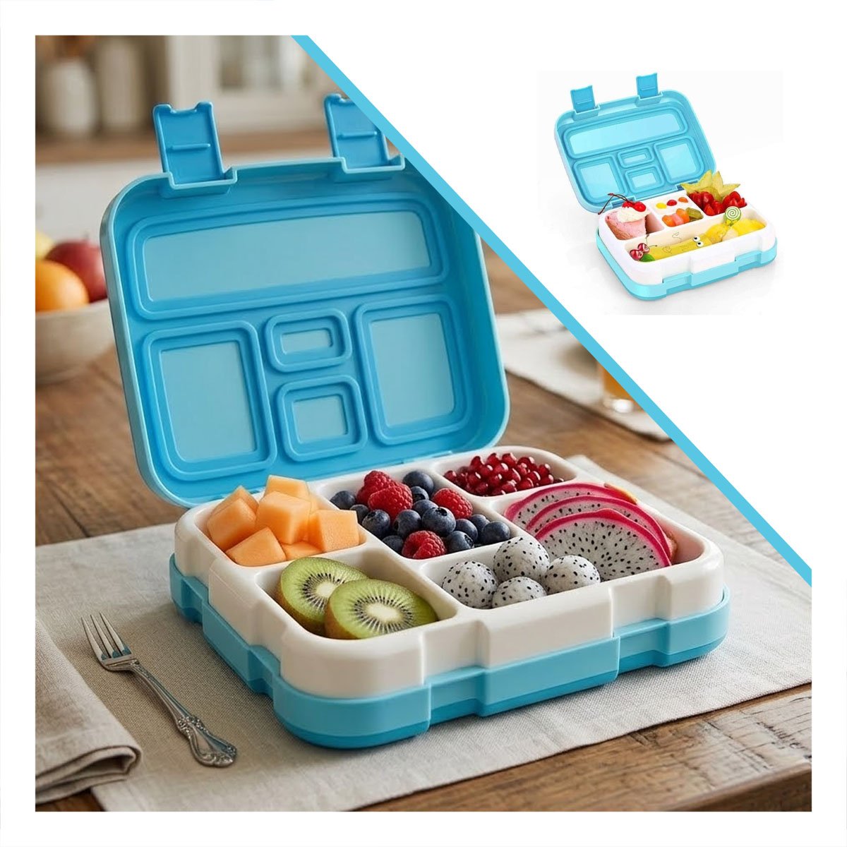 TAPER ESCOLAR BENTO 5 DIVISIONES CELESTE PARA LONCHERA DE NINOS Y JOVENES YSTICKY - 5