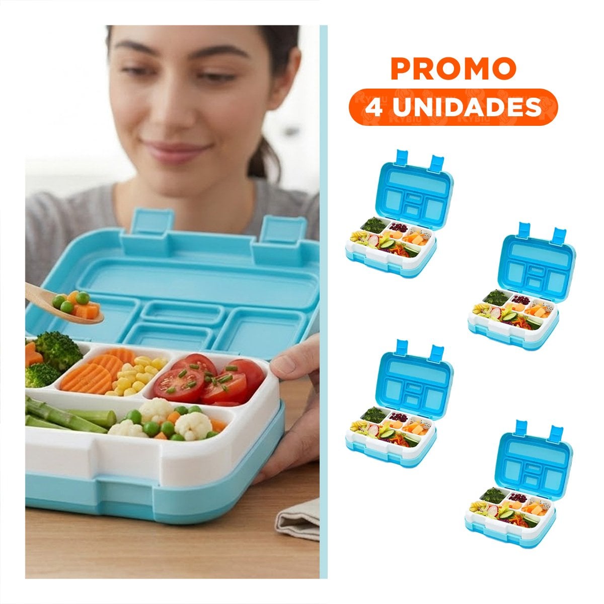 PACK4 LONCHERA ESCOLAR BENTO 5 DIVISIONES CELESTE PARA NINOS Y JOVENES - 1