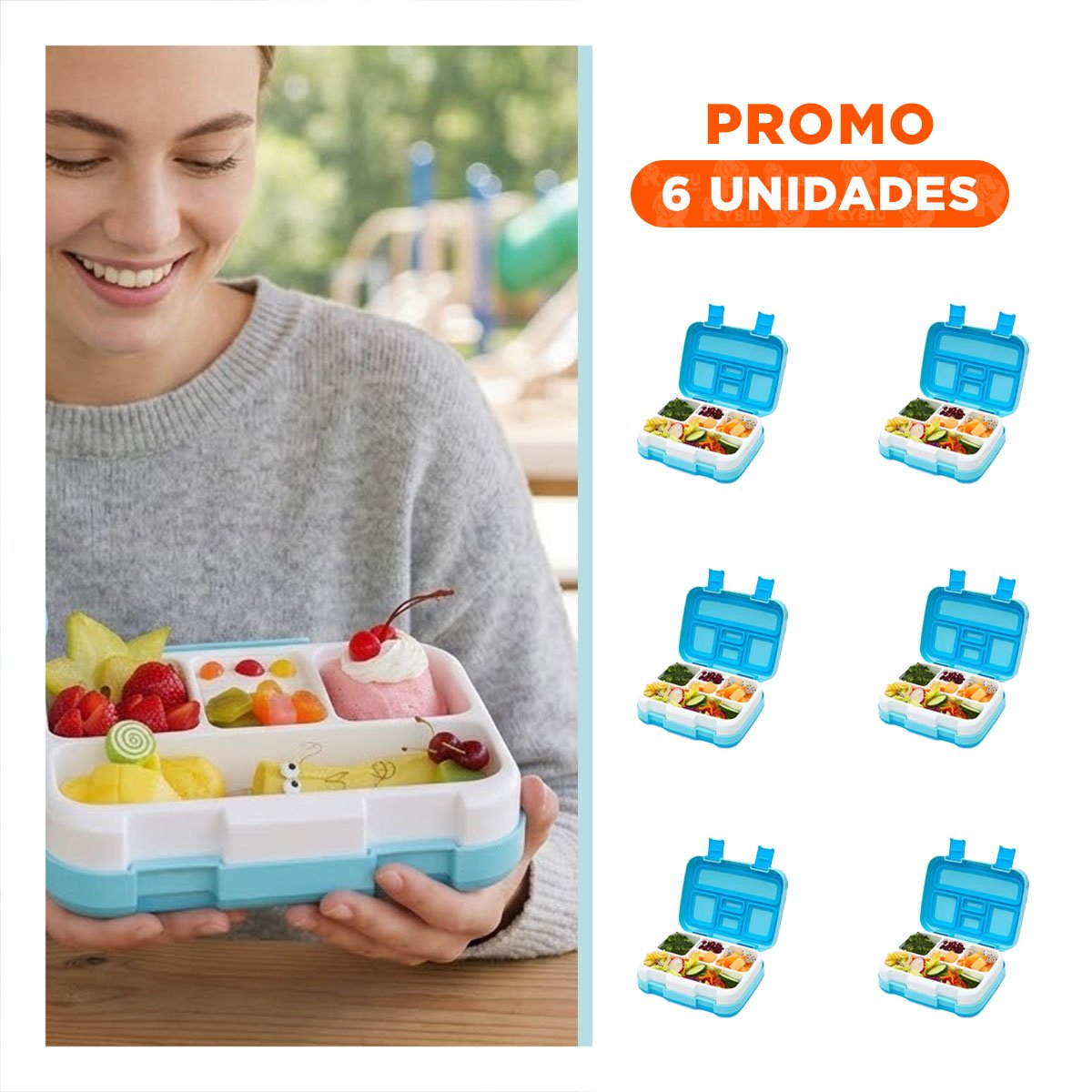 PACK6 CAJA ESCOLAR BENTO 5 DIVISIONES CELESTE PARA LONCHERA DE NINOS YREGALO STICKER - 1
