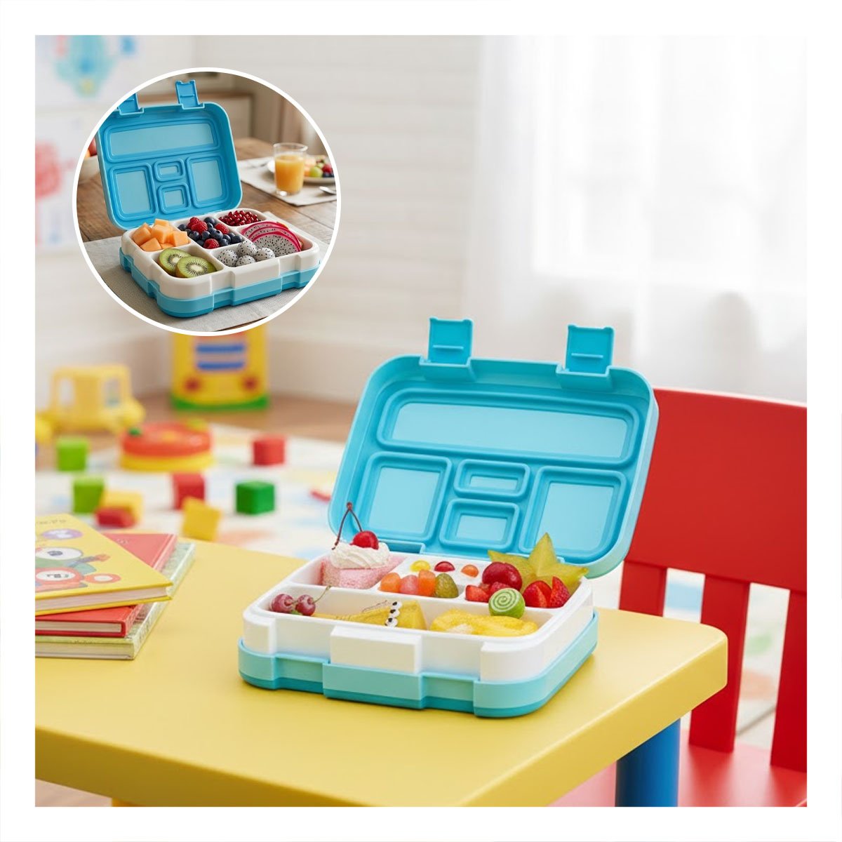 TAPER COMPARTIMENTOS BENTO 5 DIVISIONES CELESTE PARA COMIDA ORDENADA EN CASA YPAPEL REGALO - 2