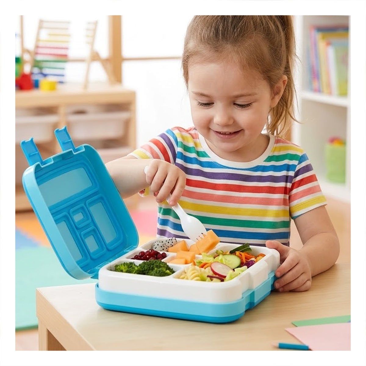 PACK4 CAJA BENTO 5 DIVISIONES CELESTE PARA ALMUERZO DIARIO EN CASA YREGALO STICKER - 5