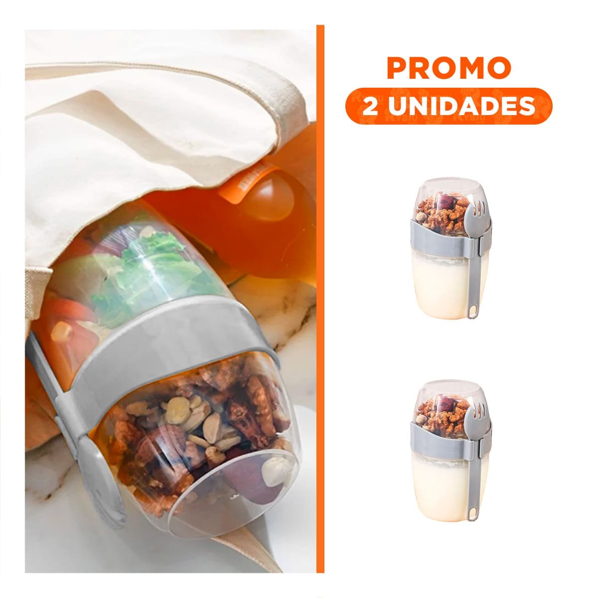 PACK2 CONTENEDOR YOGURERO PLOMO CON CUCHARA PRACTICA PARA LLEVAR YREGALO STICKER - 1