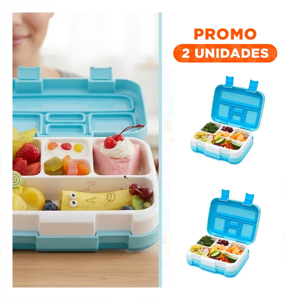 PACK2 LONCHERA COMPACTA BENTO 5 DIVISIONES CELESTE PARA OFICINA O COLEGIO YREGALO STICKER - 1