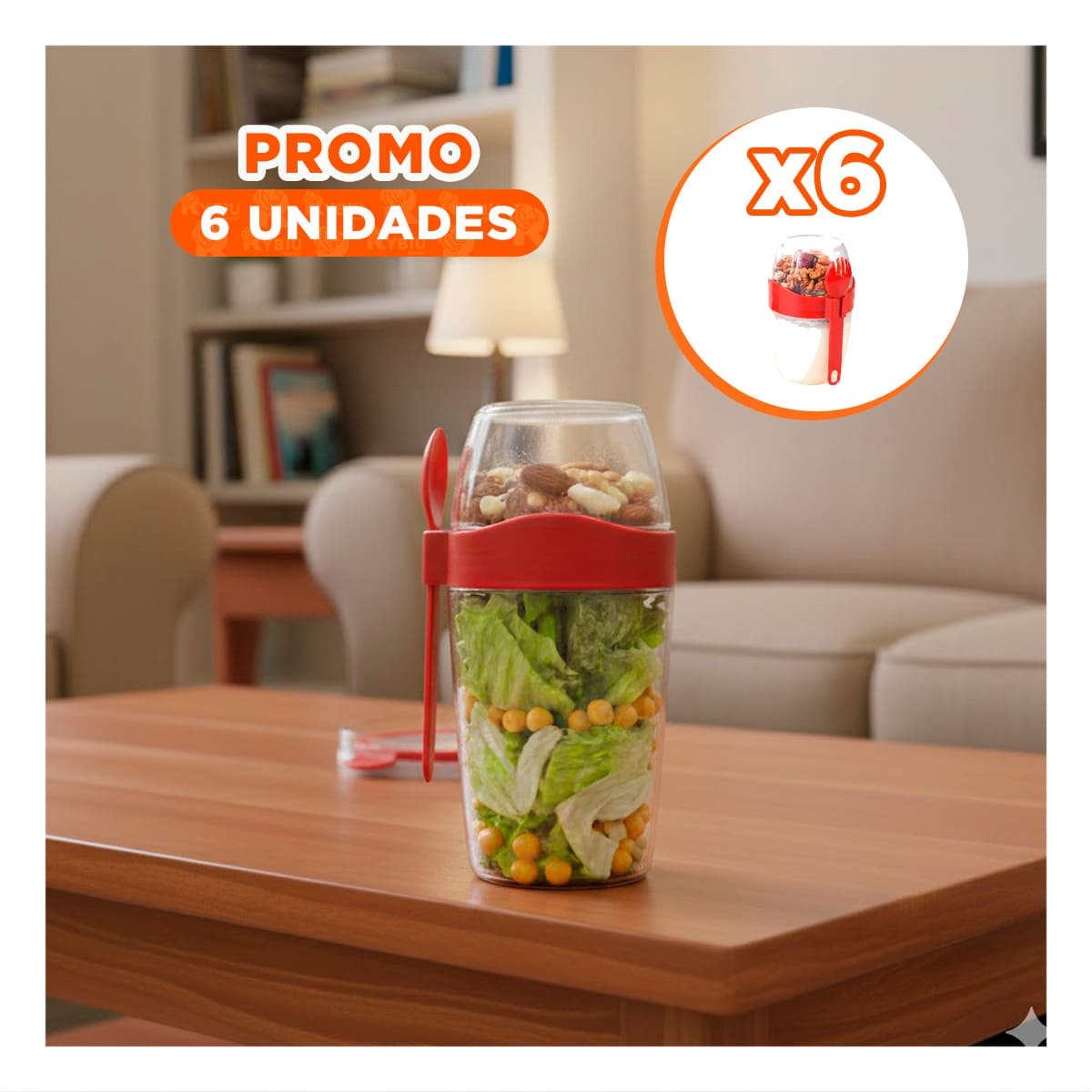 PACK6 RECIPIENTE YOGUR ROJO PORTATIL CON COMPARTIMENTO SUPERIOR PARA GRANOLA - 1