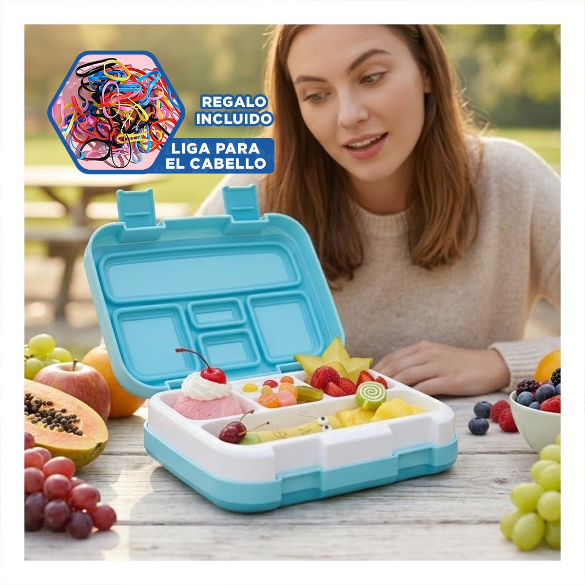 TAPER MULTIUSO BENTO 5 DIVISIONES CELESTE PARA COMIDAS PRACTICAS EN OFICINA YLIGAS REGALO - 2