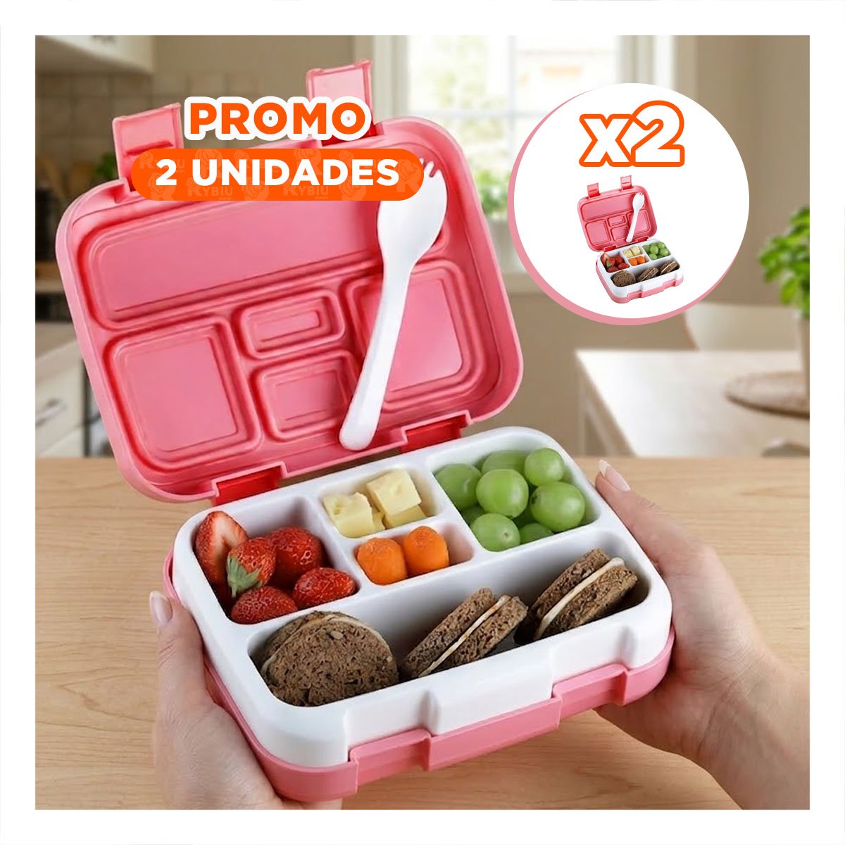 PACK2 ESTUCHE BENTO 5 DIVISIONES ROSADO PARA ALMUERZO ORGANIZADO DIARIO - 1