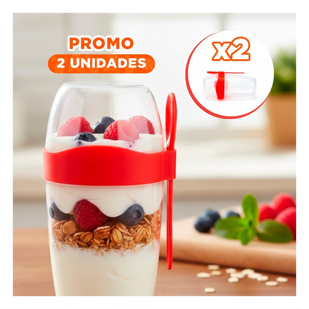 PACK2 VASO YOGURERO GRANDE ROJO 2 EN 1 CON CUBIERTO PARA TRABAJO O UNIVERSIDAD - 1