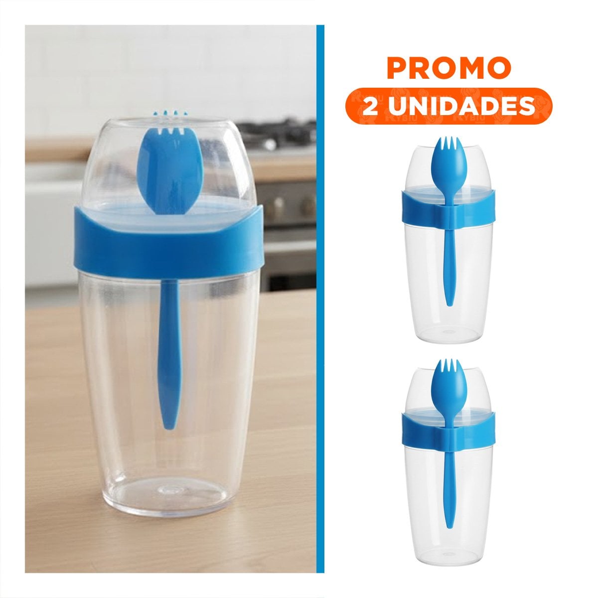 PACK2 RECIPIENTE YOGURERO GRANDE AZUL 2 EN 1 CON CUBIERTO PARA FRUTA YREGALO STICKER - 1