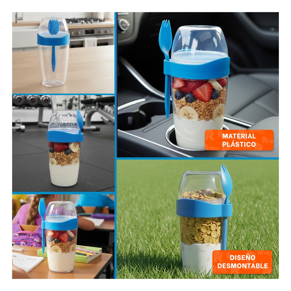 PACK4 VASO PARA YOGURT 2 EN 1 CON CUBIERTO GRANDE AZUL PARA VIAJES YREGALO STICKER - 2