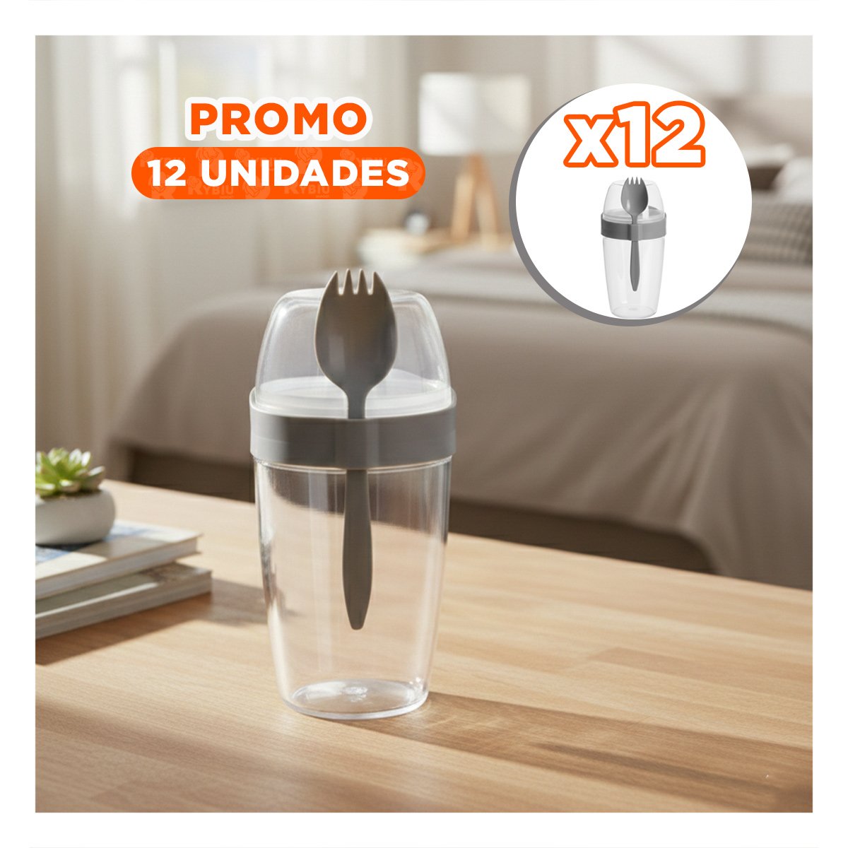PACK12 TAZA YOGURERA 2 EN 1 Y CUBIERTO GRANDE PLOMO PARA DESAYUNO PRACTICO YREGALO STICKER - 1