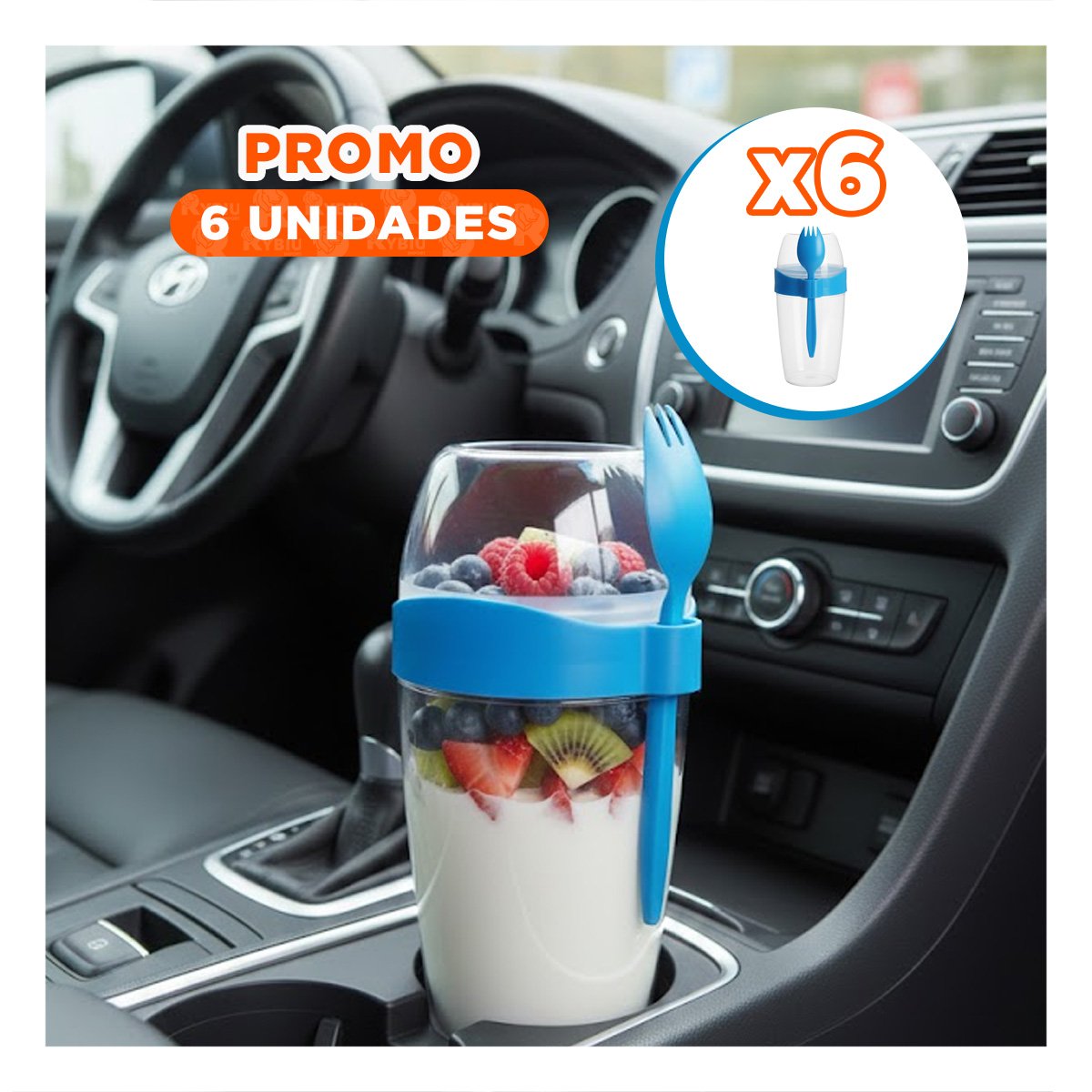 PACK6 CONTENEDOR PARA YOGURT 2 EN 1 CON CUBIERTO GRANDE AZUL PARA ALIMENTACION PRACTICA - 1