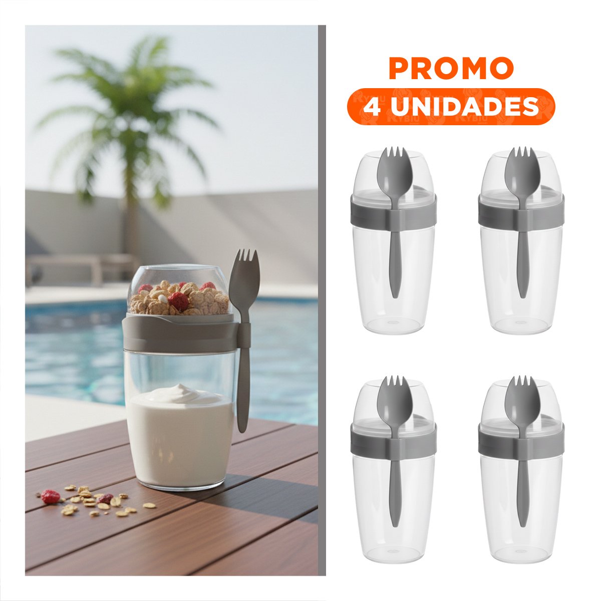 PACK4 CONTENEDOR YOGURERO GRANDE PLOMO 2 EN 1 CON CUBIERTO PARA LLEVAR EN MOCHILA - 1
