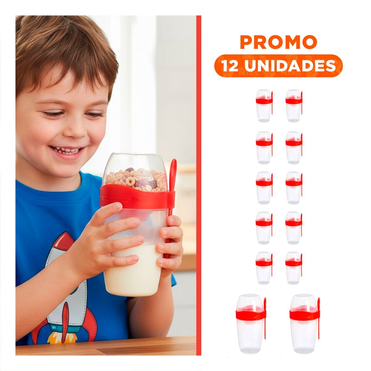 PACK12 ENVASE PARA YOGURT 2 EN 1 CON CUBIERTO GRANDE ROJO PARA LLEVAR AL PARQUE - 1