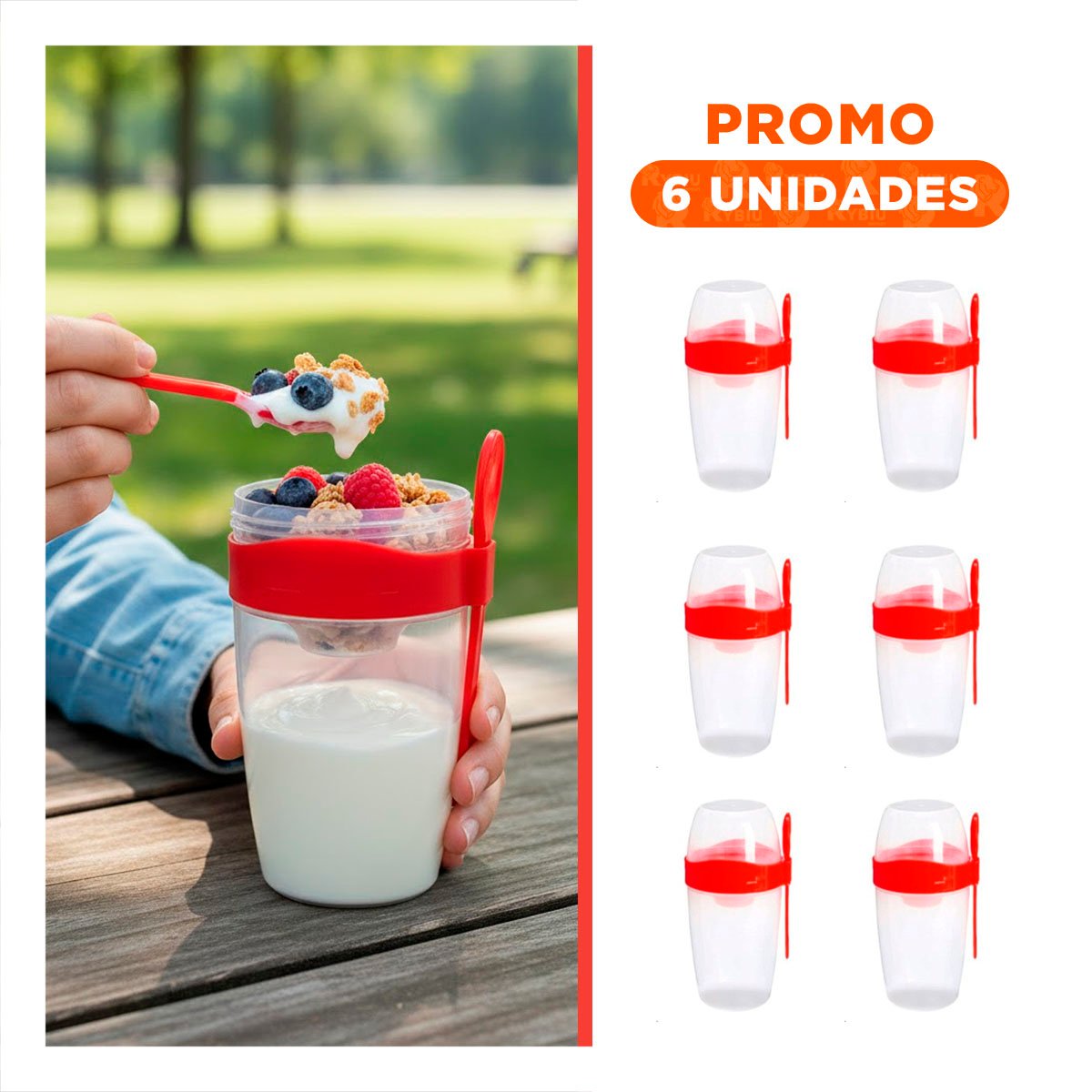 PACK6 TAZA PARA YOGURT 2 EN 1 CON CUBIERTO GRANDE ROJO PARA COMER FUERA YREGALO STICKER - 1