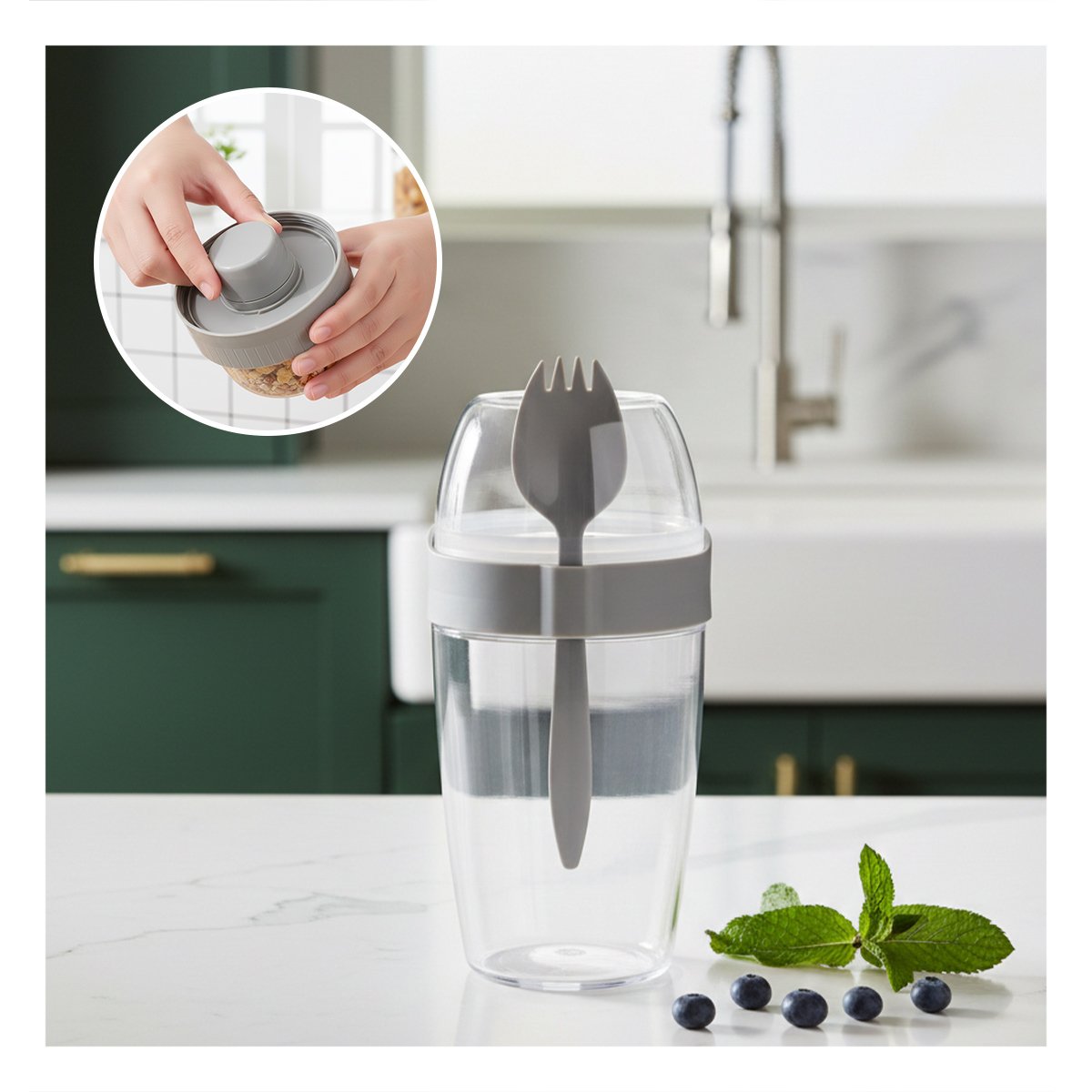 VASO YOGURERO 2 EN 1 CON CUBIERTO GRANDE PLOMO PARA LLEVAR SNACKS Y FRUTA YPAPEL REGALO - 2