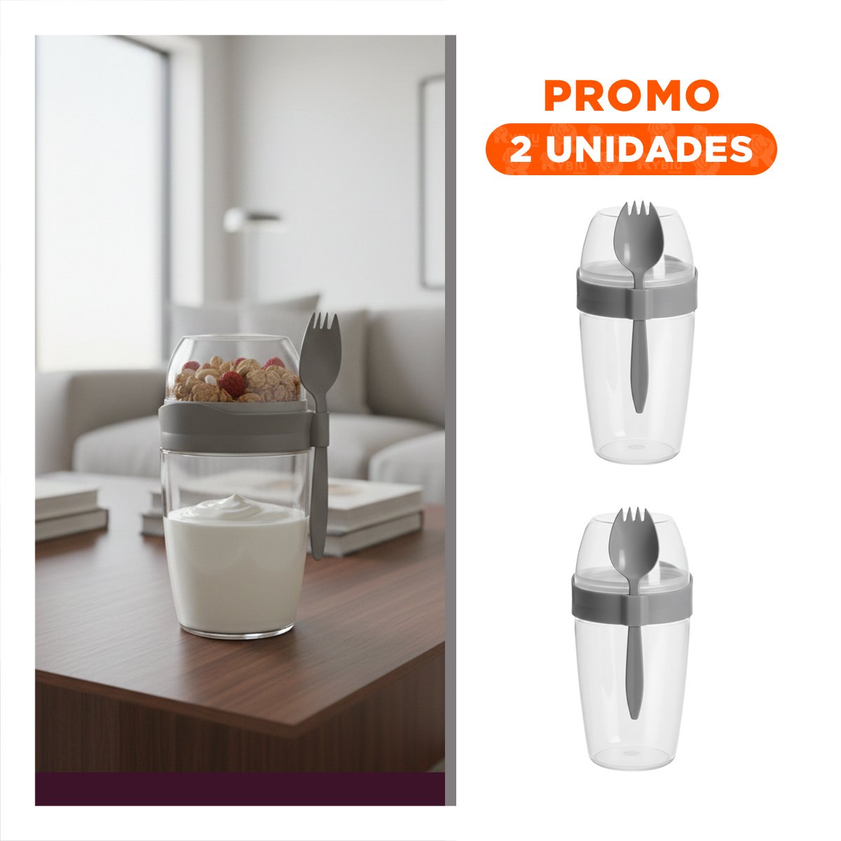 PACK2 RECIPIENTE YOGURERO GRANDE PLOMO 2 EN 1 CON CUBIERTO PARA FRUTA YREGALO STICKER - 1