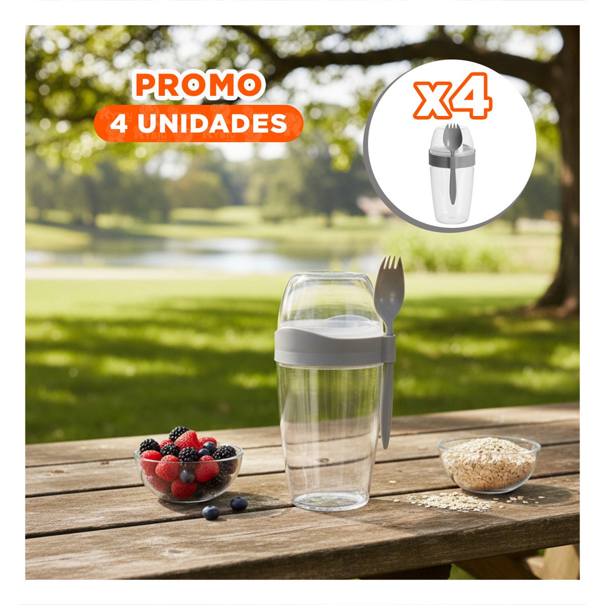 PACK4 VASO PARA YOGURT 2 EN 1 CON CUBIERTO GRANDE PLOMO PARA VIAJES YREGALO STICKER - 1