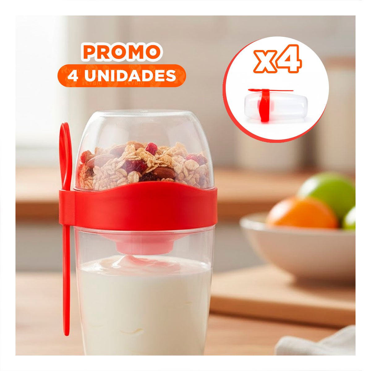 PACK4 VASO PARA YOGURT 2 EN 1 CON CUBIERTO GRANDE ROJO PARA VIAJES YREGALO STICKER - 1